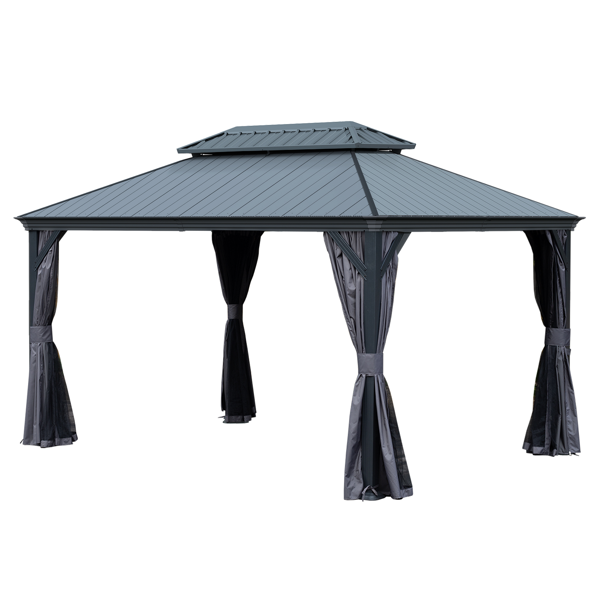 10 X14 Hardtop Gazebo With Resin Roof, Outdoor Metal Gazebo With Drainage Gutters, Permanent Heavy Duty Pavilion For Patio, Backyard And Deck, Curtains And Mosquito Netting Included