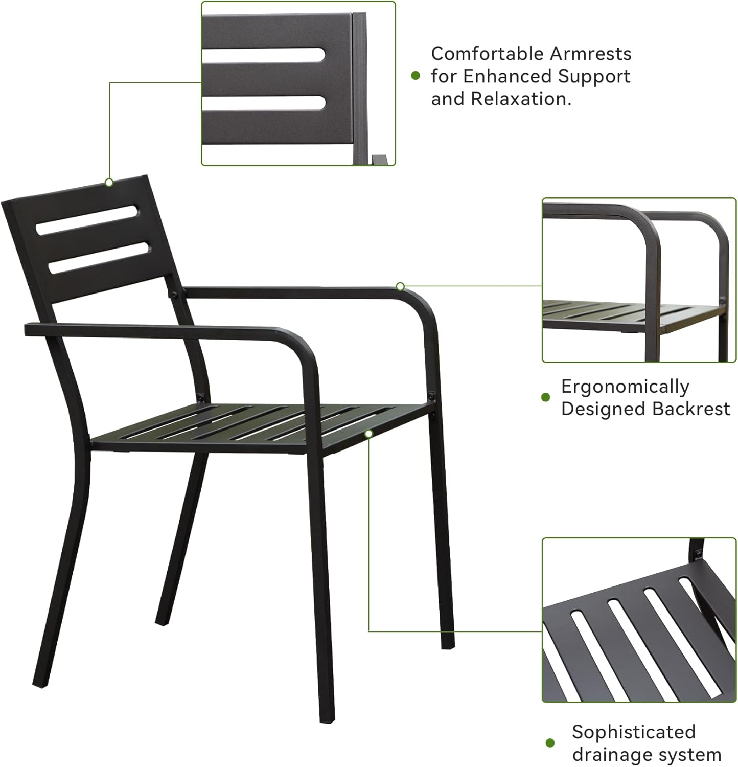4-Pieces Patio Dining Chairs, Outdoor Heavy Duty Metal Chairs Set Of 4, Stackable Garden Chairs With Ergonomic Armrest, Patio Furniture Chairs Set For B Ackyard Lawn Patio, Black