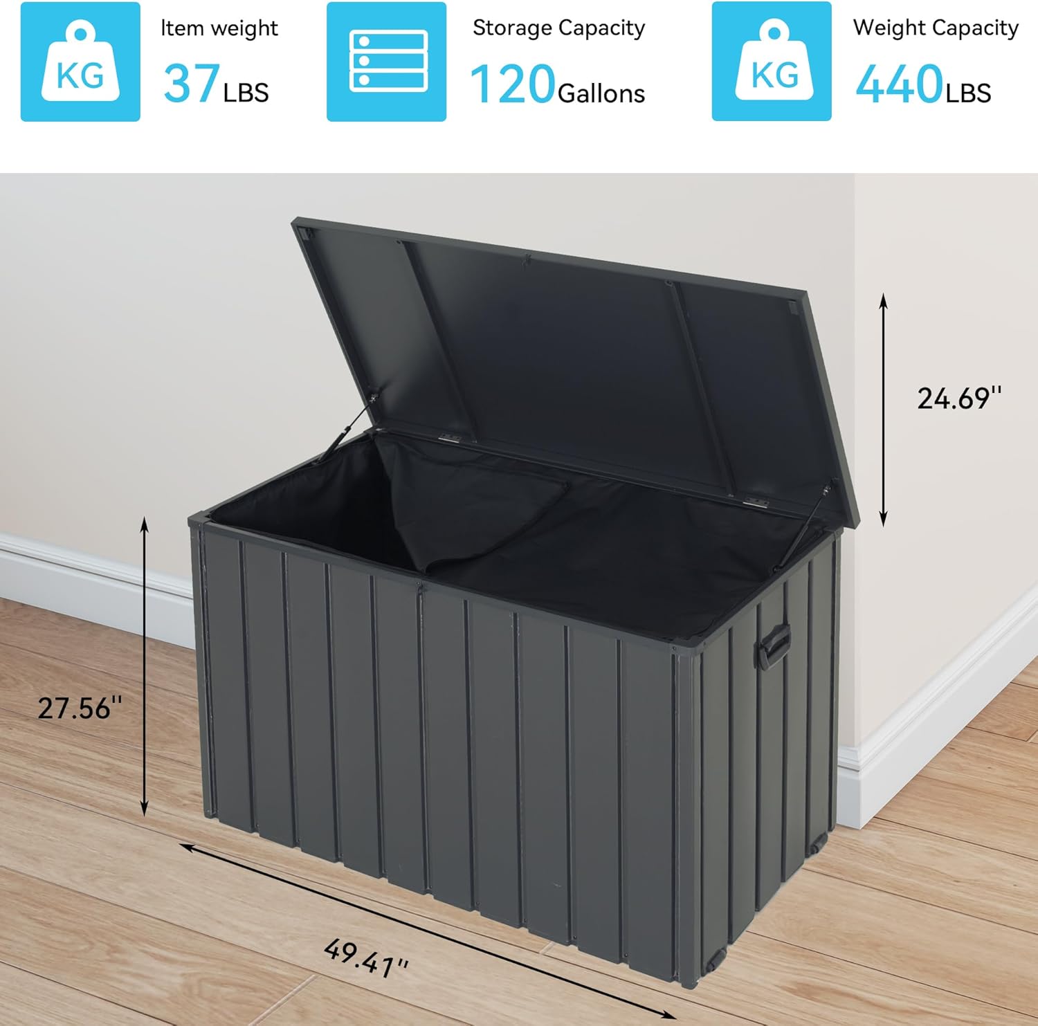 Outdoor Storage Box, 120 Gallon Metal Deck Box Built-in A Oxford Fabric Storage Bag, Lockable & Waterproof Outside Patio Storage Box For Cushions, Pillows, Tools, Pool Floats- Gray