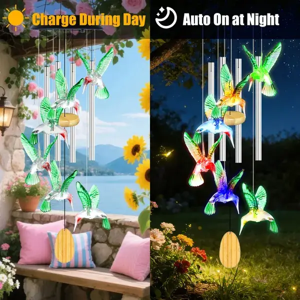 1Pc - 2Pcs Options - Solar Hummingbird Wind Chime With Aluminum Tubes 7 Color Changing Wind Chime For Outside IPX4 Waterproof Outdoor Garden Yard Decor