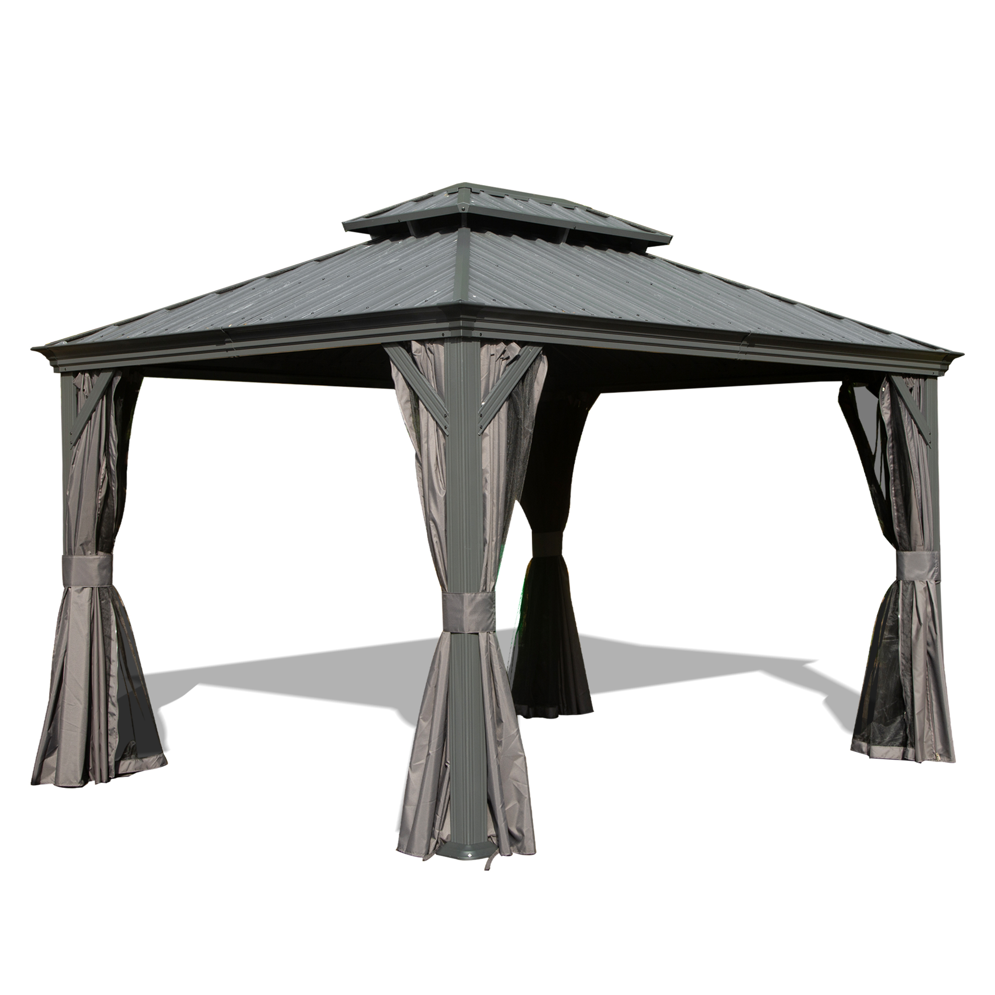 10  X 12  Hardtop Gazebo, Upgraded Metal Gazebo With Drainage System, Dual-Layer Galvanized Steel Roof, Curtain And Netting, Outdoor Shelter Canopy For Patio, Garden, And Backyard, Grey