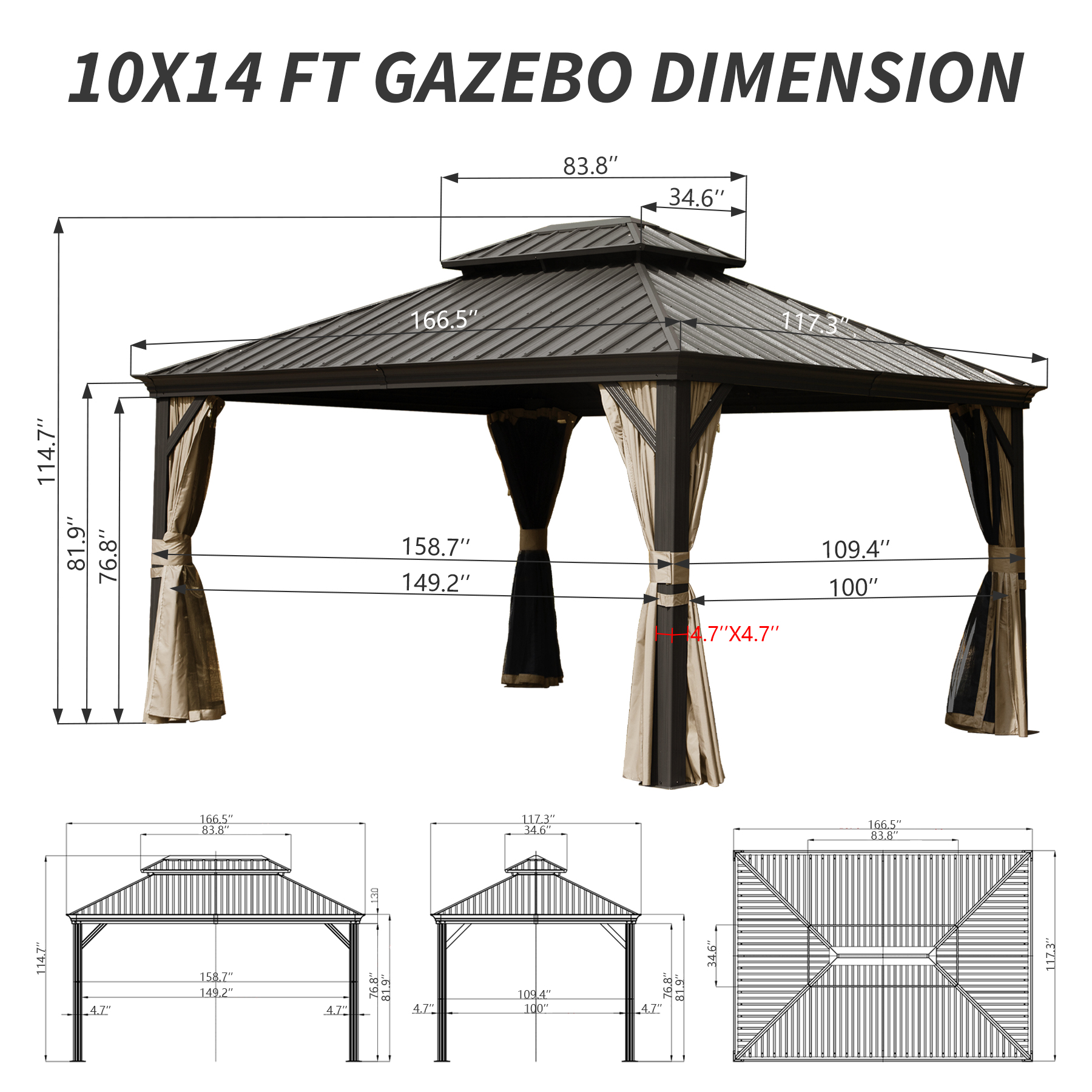 10  X 14  Hardtop Gazebo Permanent Outdoor Gazebo With Galvanized Steel Double Roof, Aluminum Frame, Curtains And Netting For Patio Lawn And Garden, Brown