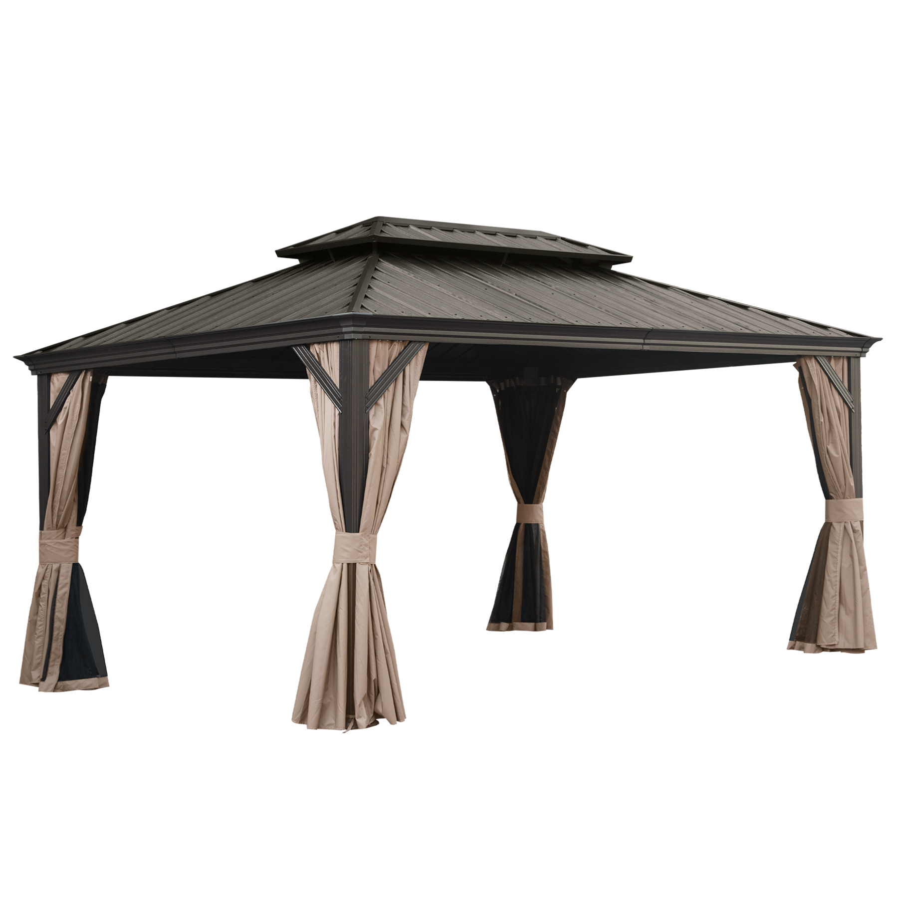 12 X 16 Hardtop Gazebo, Upgraded Metal Gazebo With Drainage System, Dual-Layer Galvanized Steel Roof, Curtain And Netting, Outdoor Shelter Canopy For Patio, Garden, And Backyard, Brown
