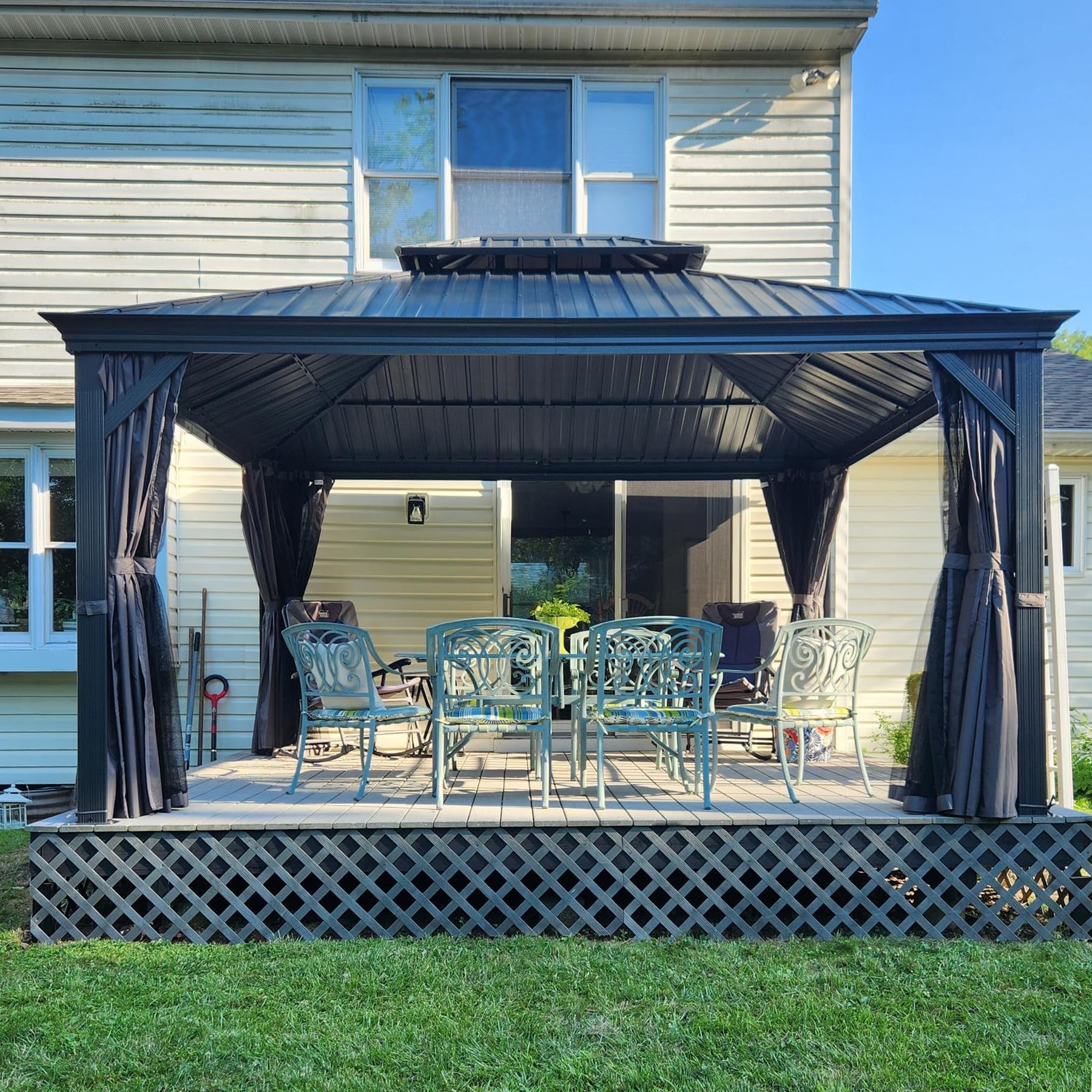 12  X 14  Hardtop Gazebo Permanent Aluminum Outdoor Gazebo With Galvanized Steel Double Roof, Drainage Gutters, Curtains, And Netting For Party, Wedding, Dining - Image 1