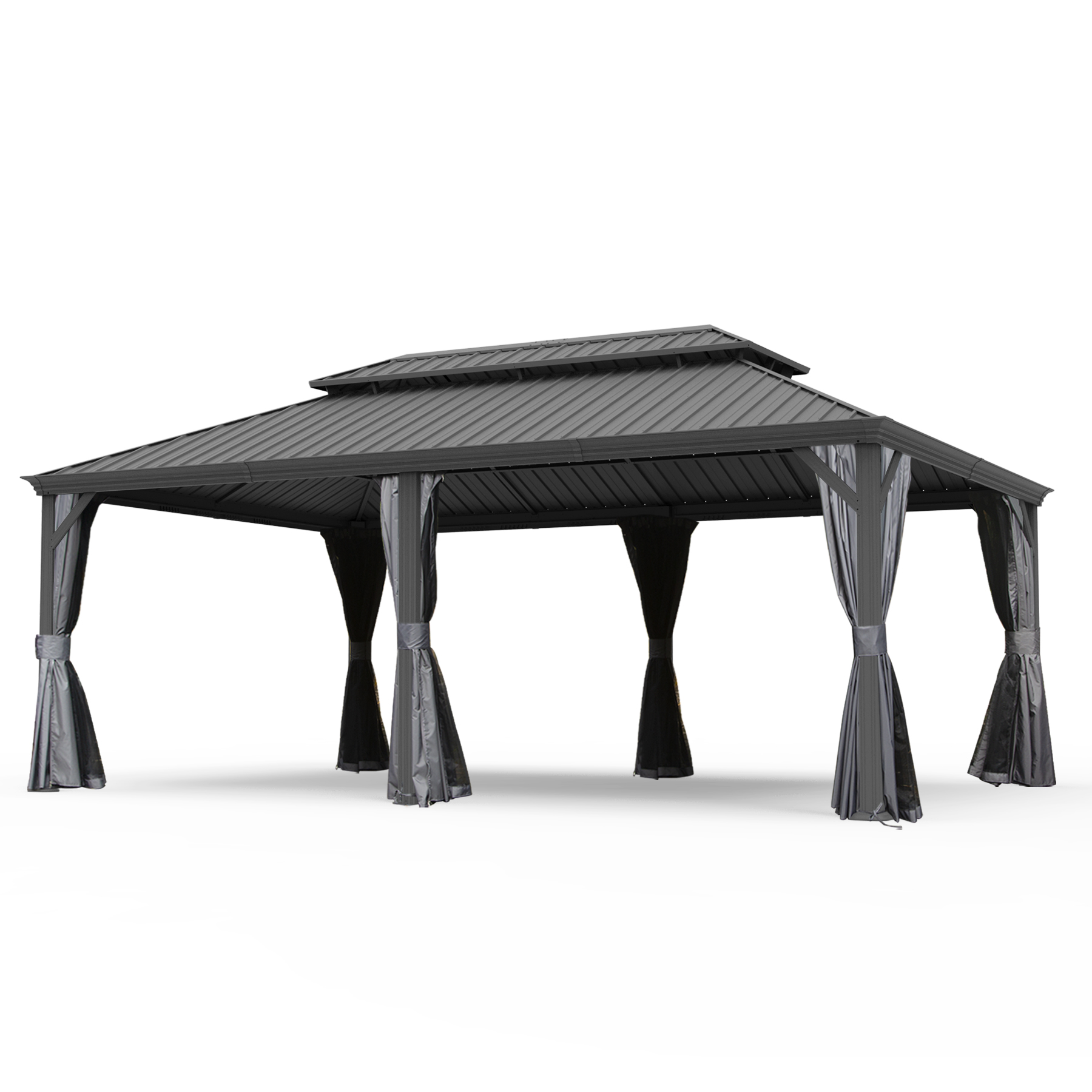 14  X 20  Hardtop Gazebo, Upgraded Metal Gazebo With Drainage System, Dual-Layer Galvanized Steel Roof, Curtain And Netting, Outdoor Shelter Canopy For Patio, Garden, And Backyard, Grey