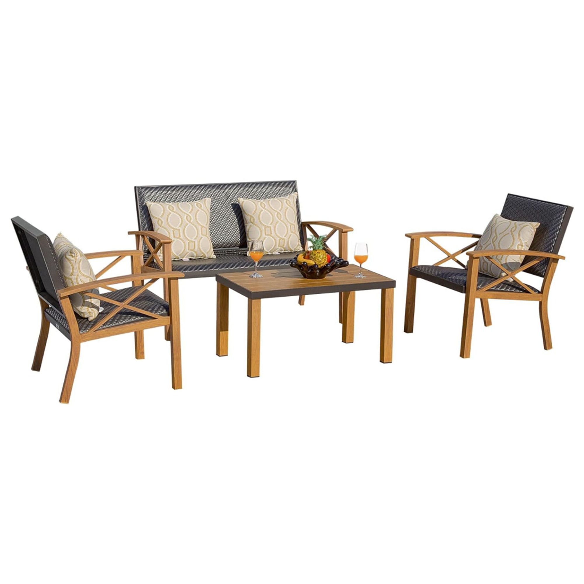 Aluminum Patio Furniture Set, 4-Piece Modern Conversation Set With Cotton Padding Backrests And Seats, Outdoor Sectional Metal Sofa Set With 5.5 Inch Cushion And Coffee Table For Balcony, Garden