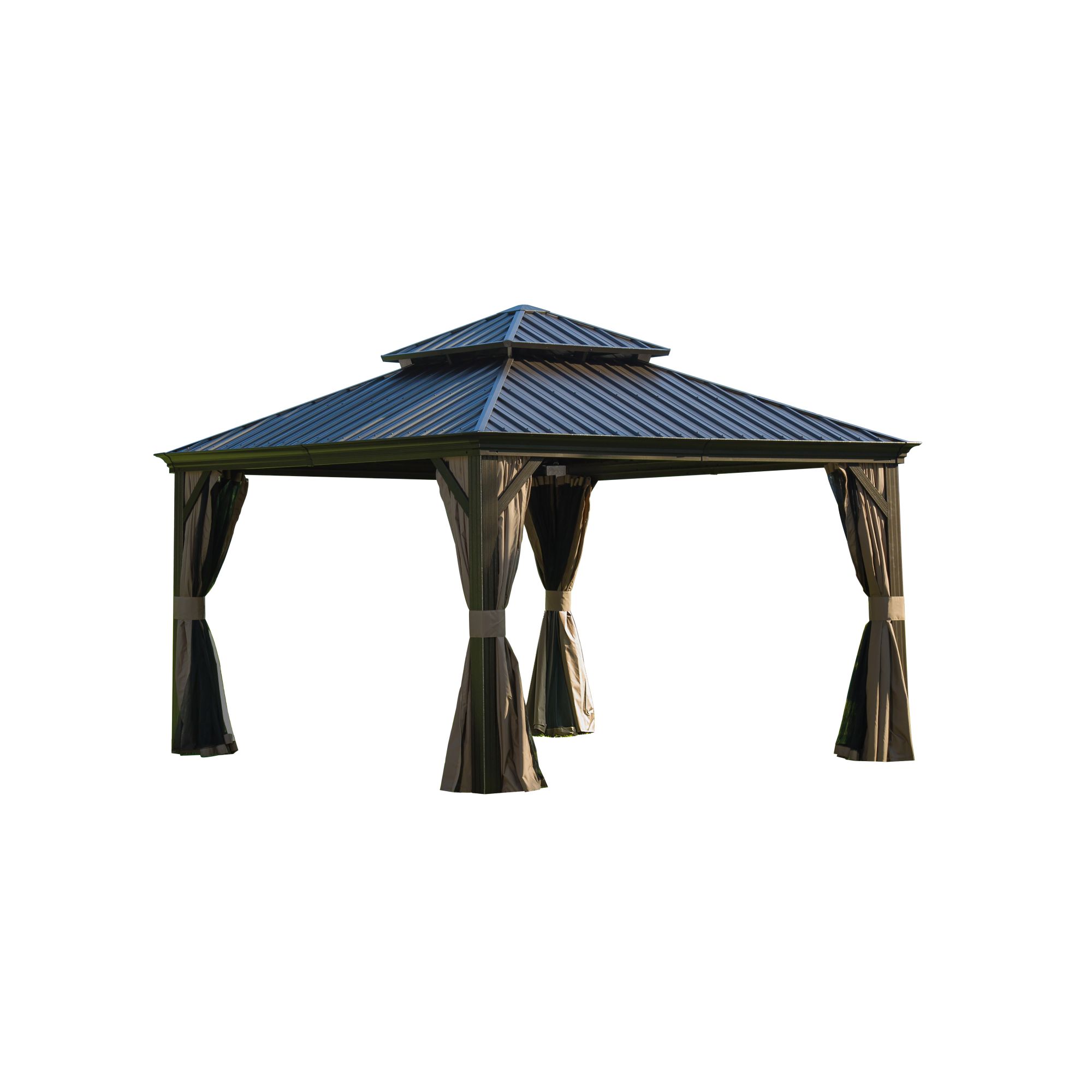 12 X12  Hardtop Gazebo, Outdoor Aluminum Frame Canopy With Galvanized Steel Double Roof, Outdoor Permanent Metal Pavilion With Curtains And Netting For Patio, Backyard And Lawn Brown