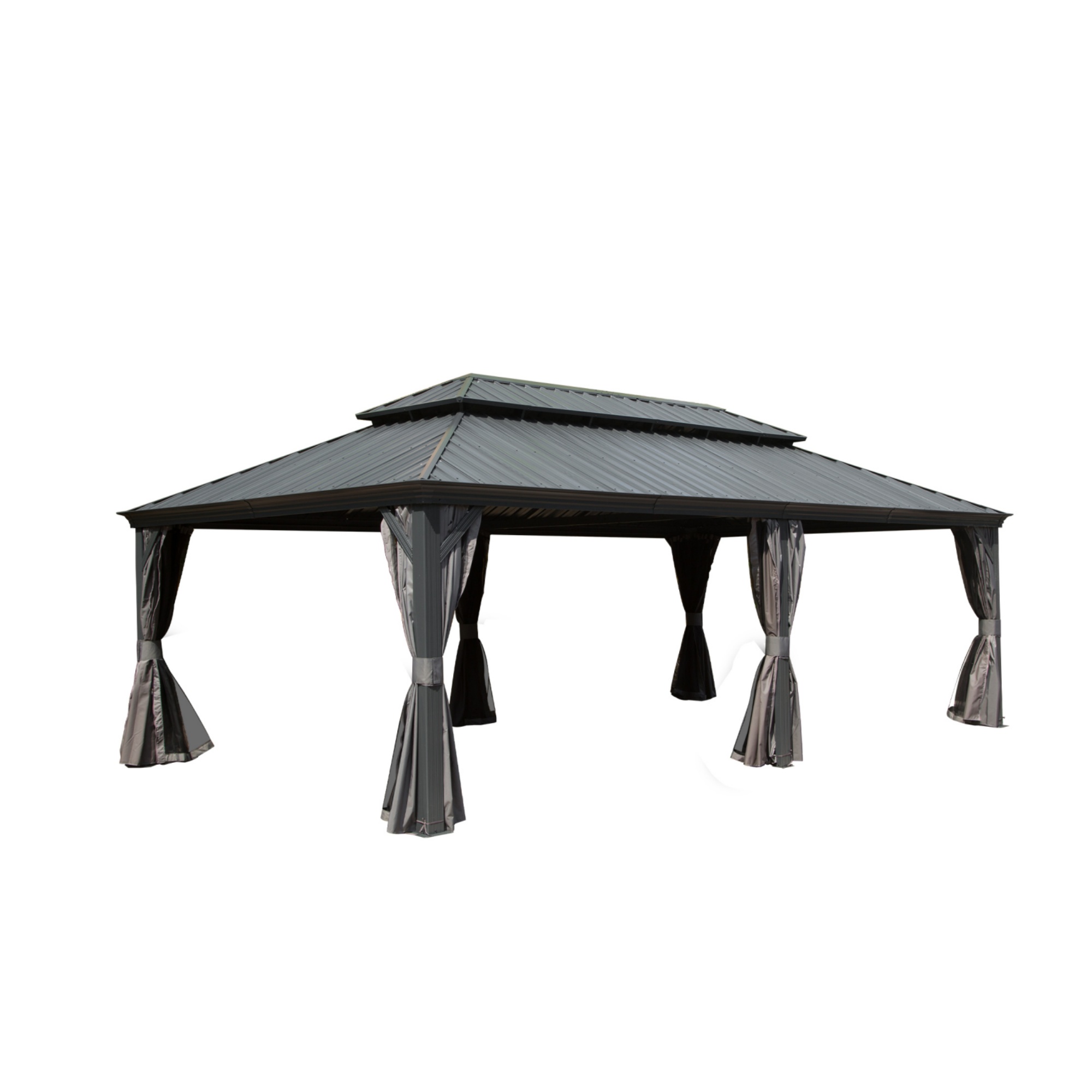 14x22FT Hardtop Gazebo, Outdoor Gazebo With Galvanized Steel Double Roof, Aluminum Frame, Built-in Gutter System, Curtain And Netting, Metal Gazebo Pavilion For Patio Deck Garden, Grey