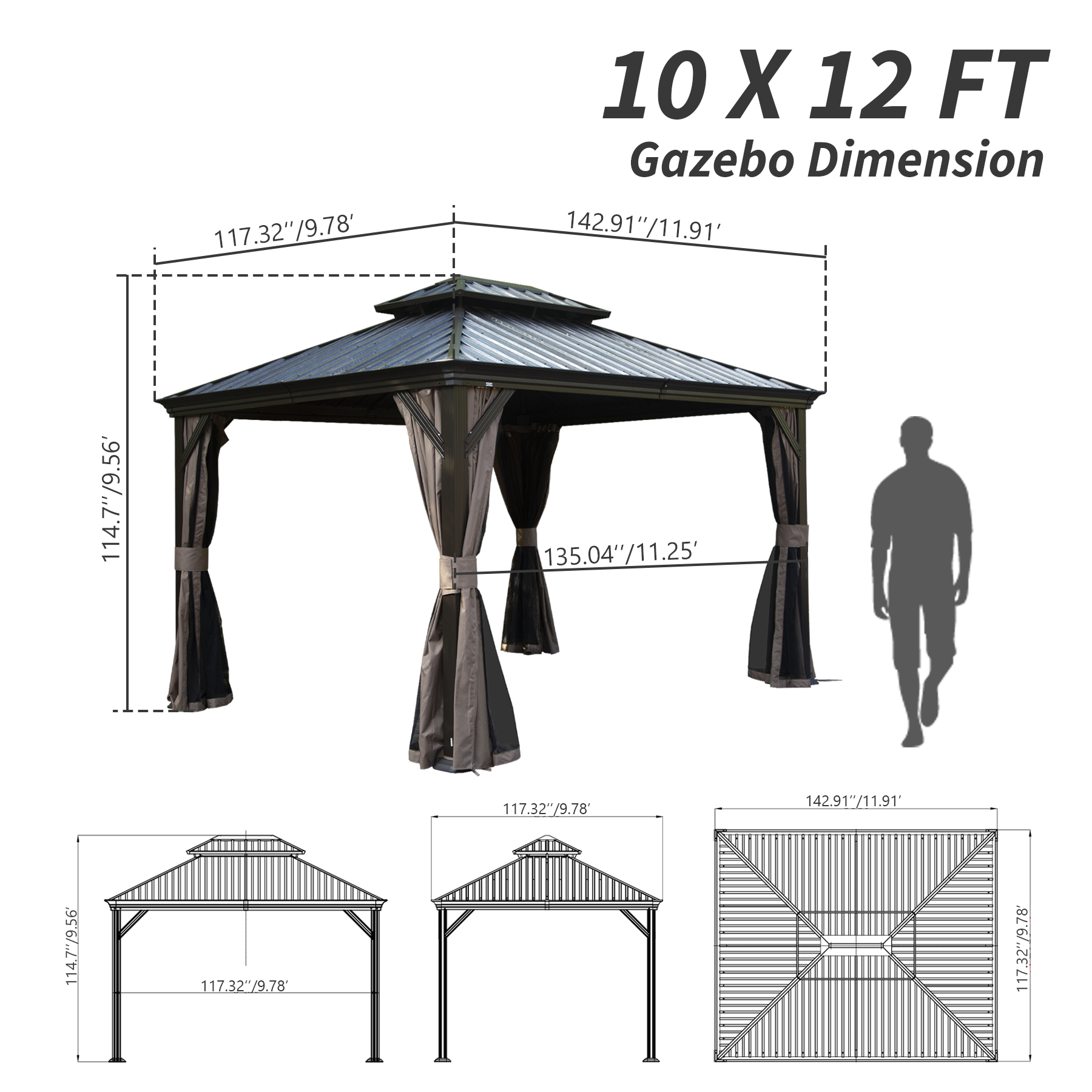 10  X 12  Hardtop Gazebo, Upgraded Metal Gazebo With Drainage System, Dual-Layer Galvanized Steel Roof, Curtain And Netting, Outdoor Shelter Canopy For Patio, Garden, And Backyard, Brown