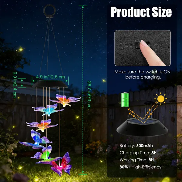 Solar Butterfly Wind Chime 7 Color Changing Wind Chime For Outside IPX4 Waterproof Outdoor Garden Yard Decor — foto 3