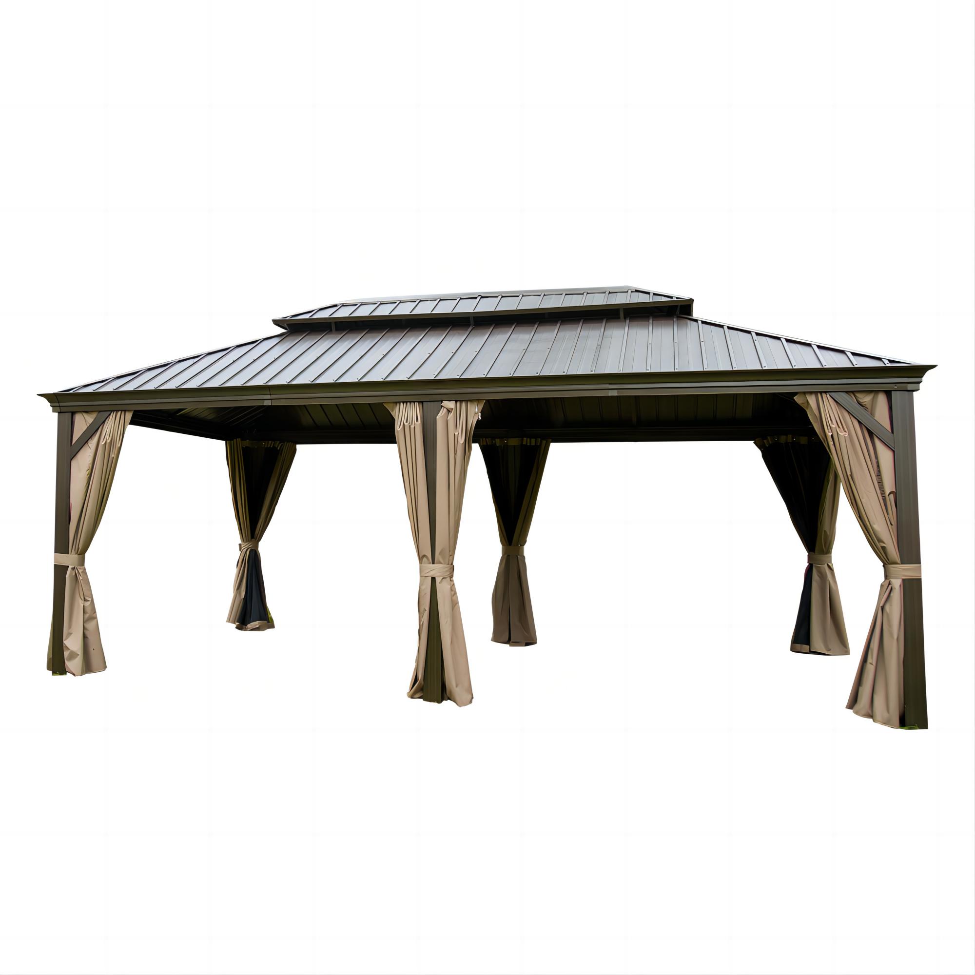 12 X20  Hardtop Gazebo, Outdoor Aluminum Frame Canopy With Galvanized Steel Double Roof, Outdoor Permanent Metal Pavilion With Curtains And Netting For Patio,Backyard And Lawn  Brown