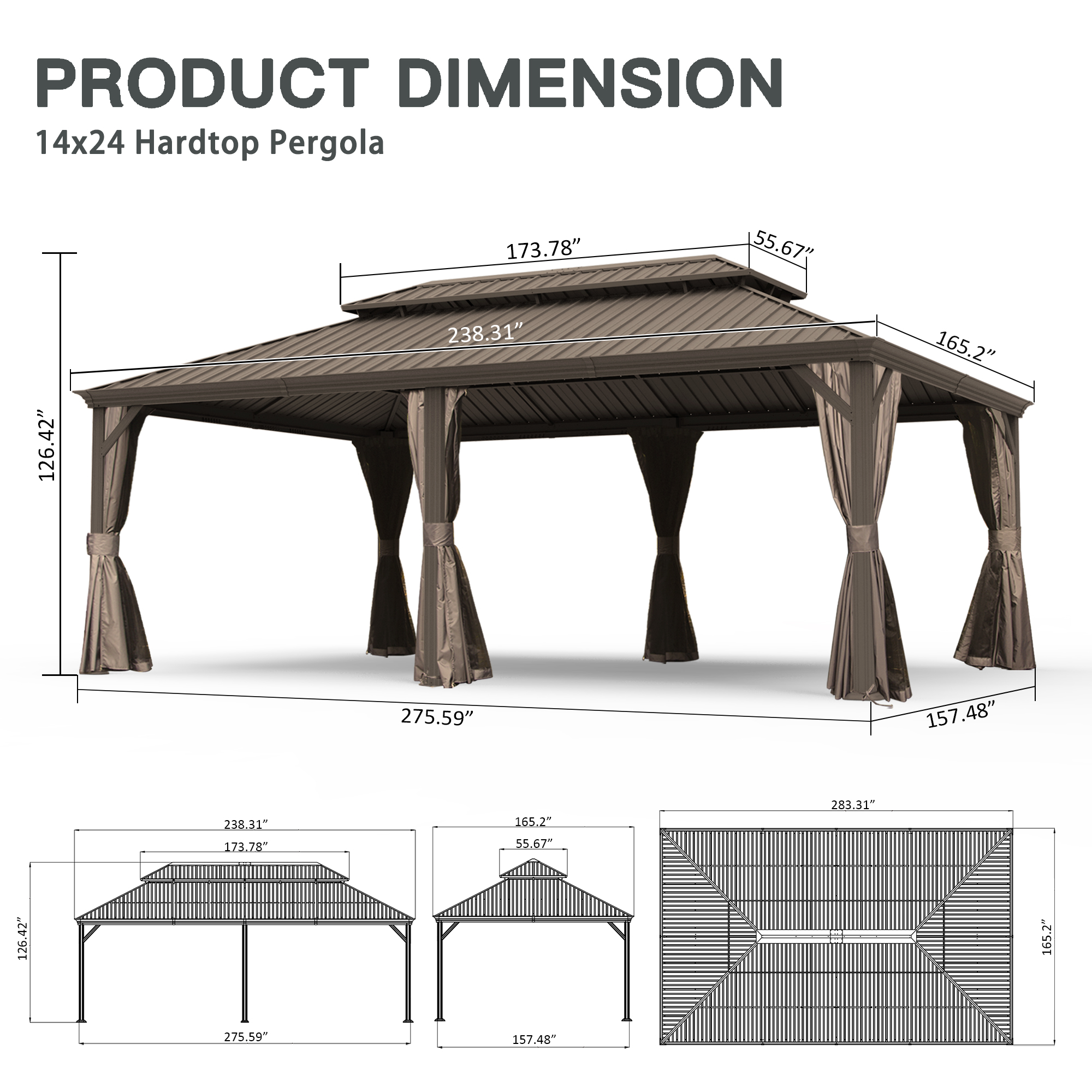 14  X 24  Hardtop Gazebo, Upgraded Metal Gazebo With Drainage System, Dual-Layer Galvanized Steel Roof, Curtain And Netting, Outdoor Shelter Canopy For Patio, Garden, And Backyard, Brown
