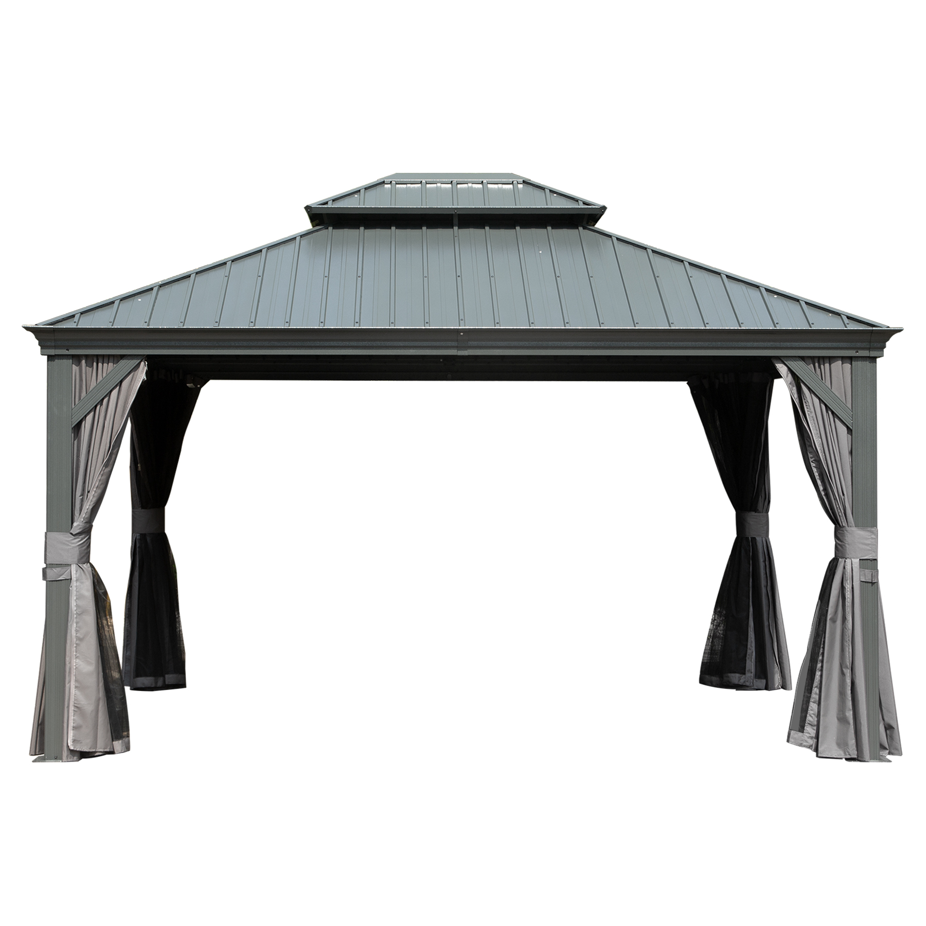 10  X 14  Hardtop Gazebo Permanent Outdoor Gazebo With Galvanized Steel Double Roof, Aluminum Frame, Curtains And Netting For Patio Lawn And Garden, Gray - Image 1