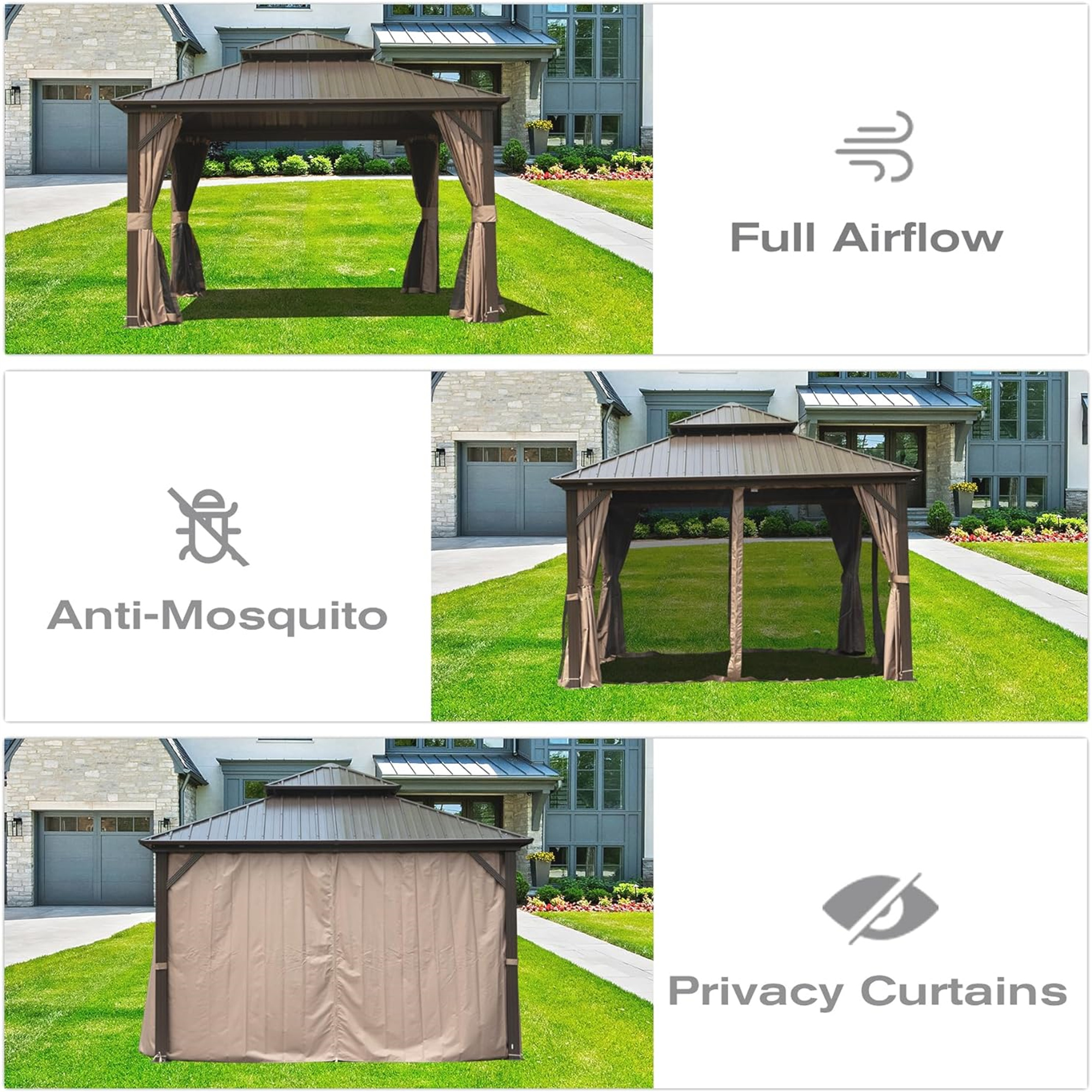 12  X 12  Hardtop Gazebo, Aluminum Metal Gazebo With Galvanized Steel Double Roof Canopy, Curtain And Netting, Permanent Gazebo Pavilion For Party, Wedding, Outdoor Dining, Brown