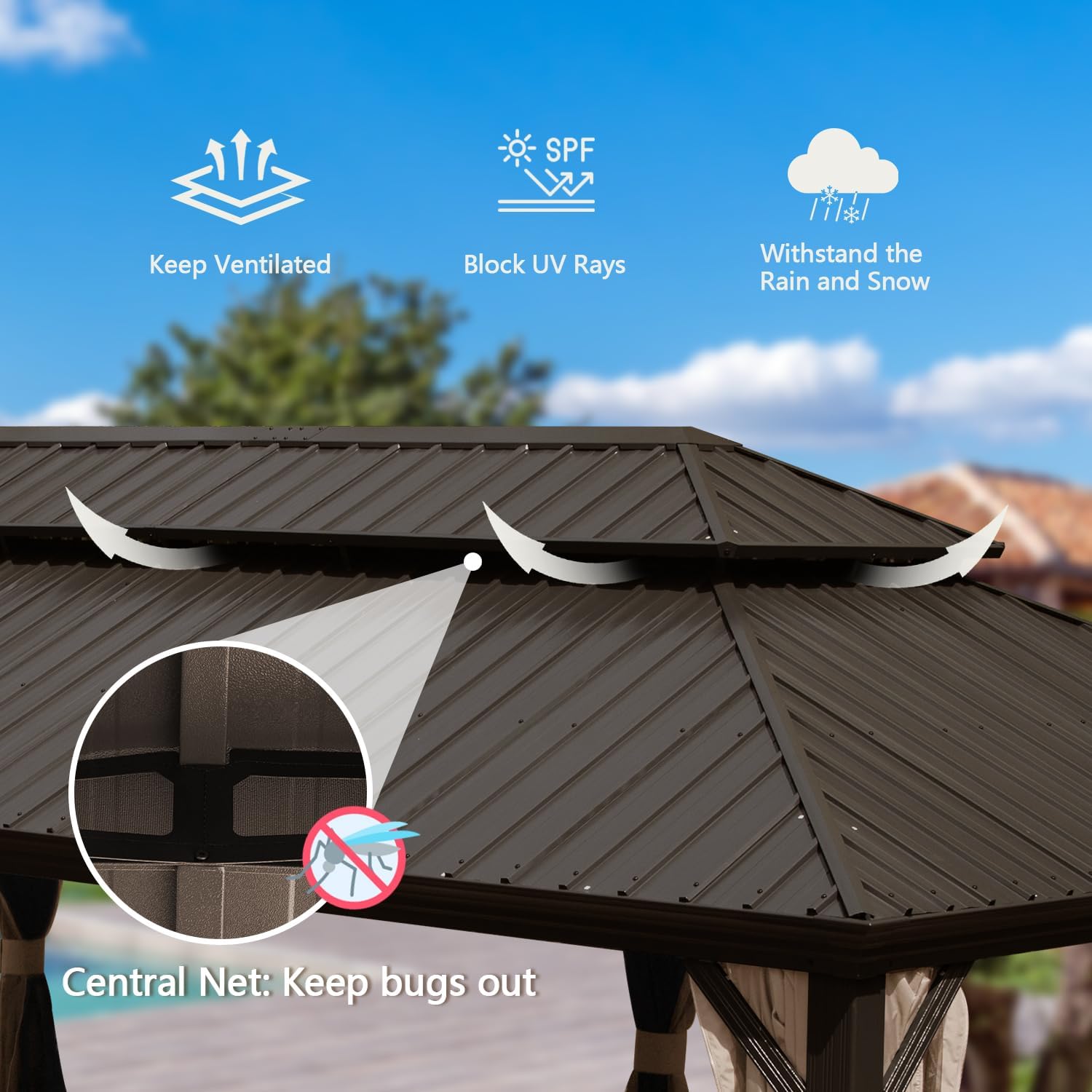 14x22FT Hardtop Gazebo, Outdoor Gazebo With Galvanized Steel Double Roof, Aluminum Frame, Built-in Gutter System, Curtain And Netting, Metal Gazebo Pavilion For Patio Deck Garden, Brown