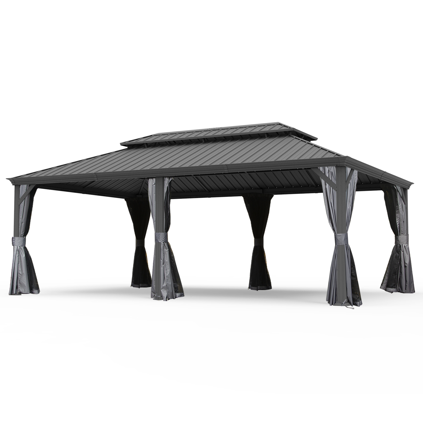 14  X 24  Hardtop Gazebo, Upgraded Metal Gazebo With Drainage System, Dual-Layer Galvanized Steel Roof, Curtain And Netting, Outdoor Shelter Canopy For Patio, Garden, And Backyard, Grey