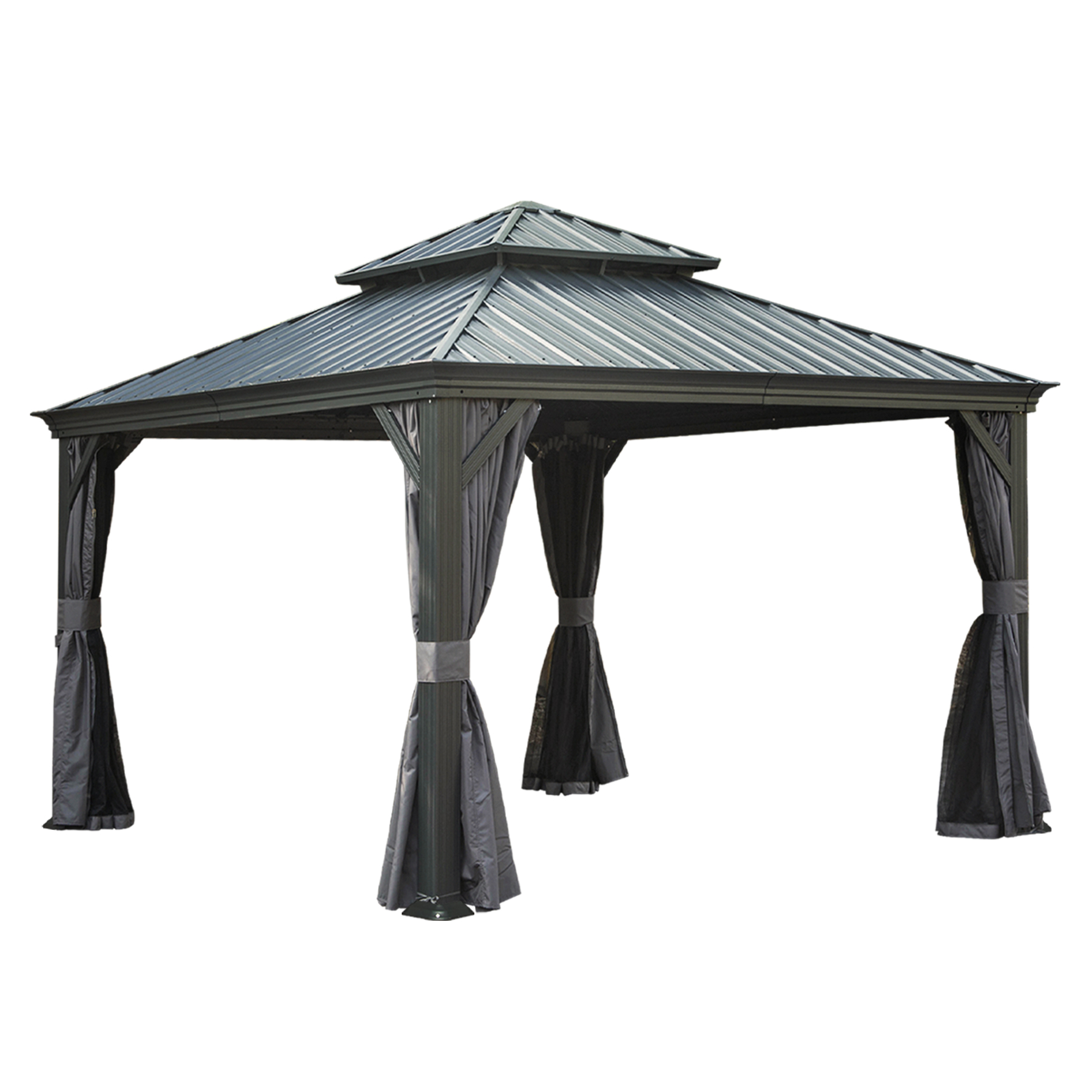 12  X 12  Hardtop Gazebo, Upgraded Metal Gazebo With Drainage System, Dual-Layer Galvanized Steel Roof, Curtain And Netting, Outdoor Shelter Canopy For Patio, Garden, And Backyard, Grey
