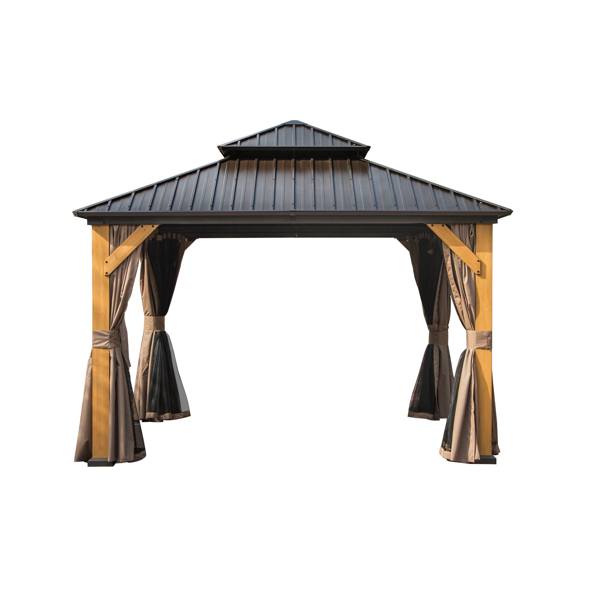 12 X12 Hardtop Gazebo, Outdoor Cedar Wood Frame Canopy With Galvanized Steel Double Roof, Outdoor Permanent Metal Pavilion With Curtains And Netting For Patio, Backyard And Lawn Brown