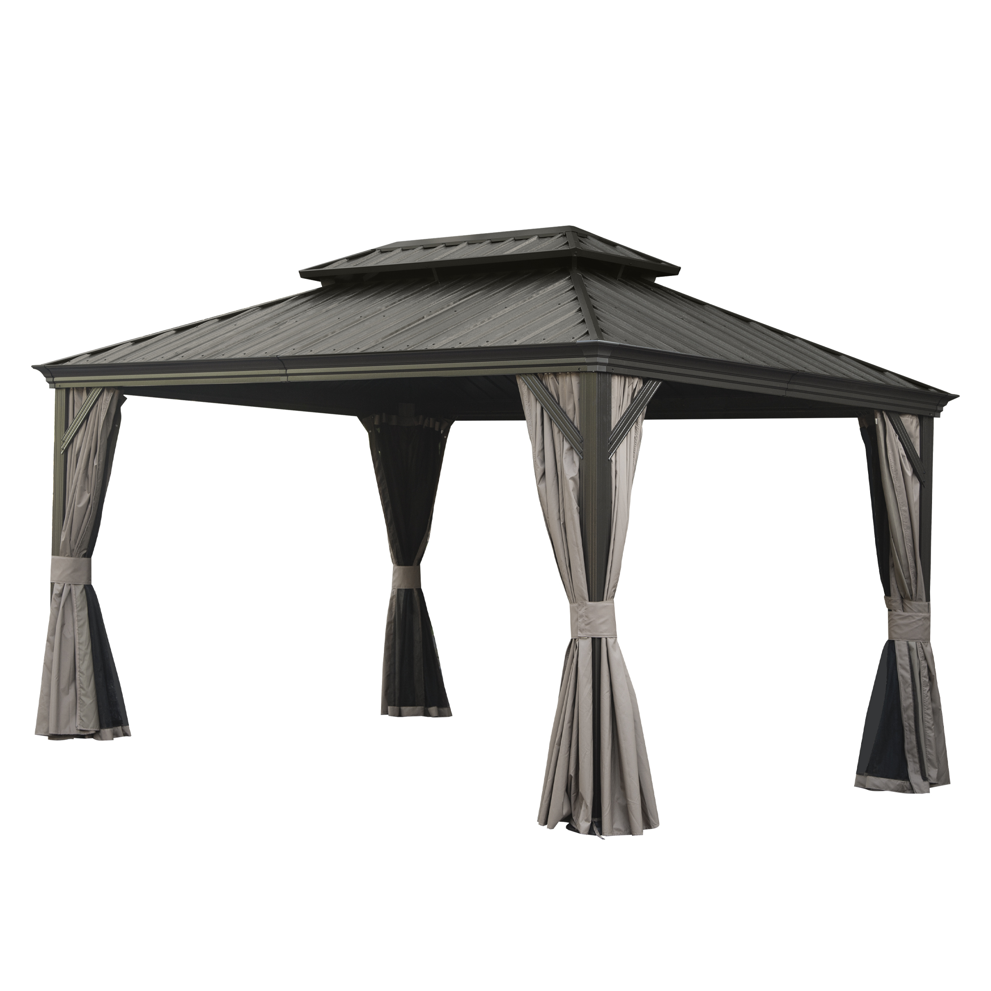 10  X 14  Hardtop Gazebo, Upgraded Metal Gazebo With Drainage System, Dual-Layer Galvanized Steel Roof, Curtain And Netting, Outdoor Shelter Canopy For Patio, Garden, And Backyard, Brown