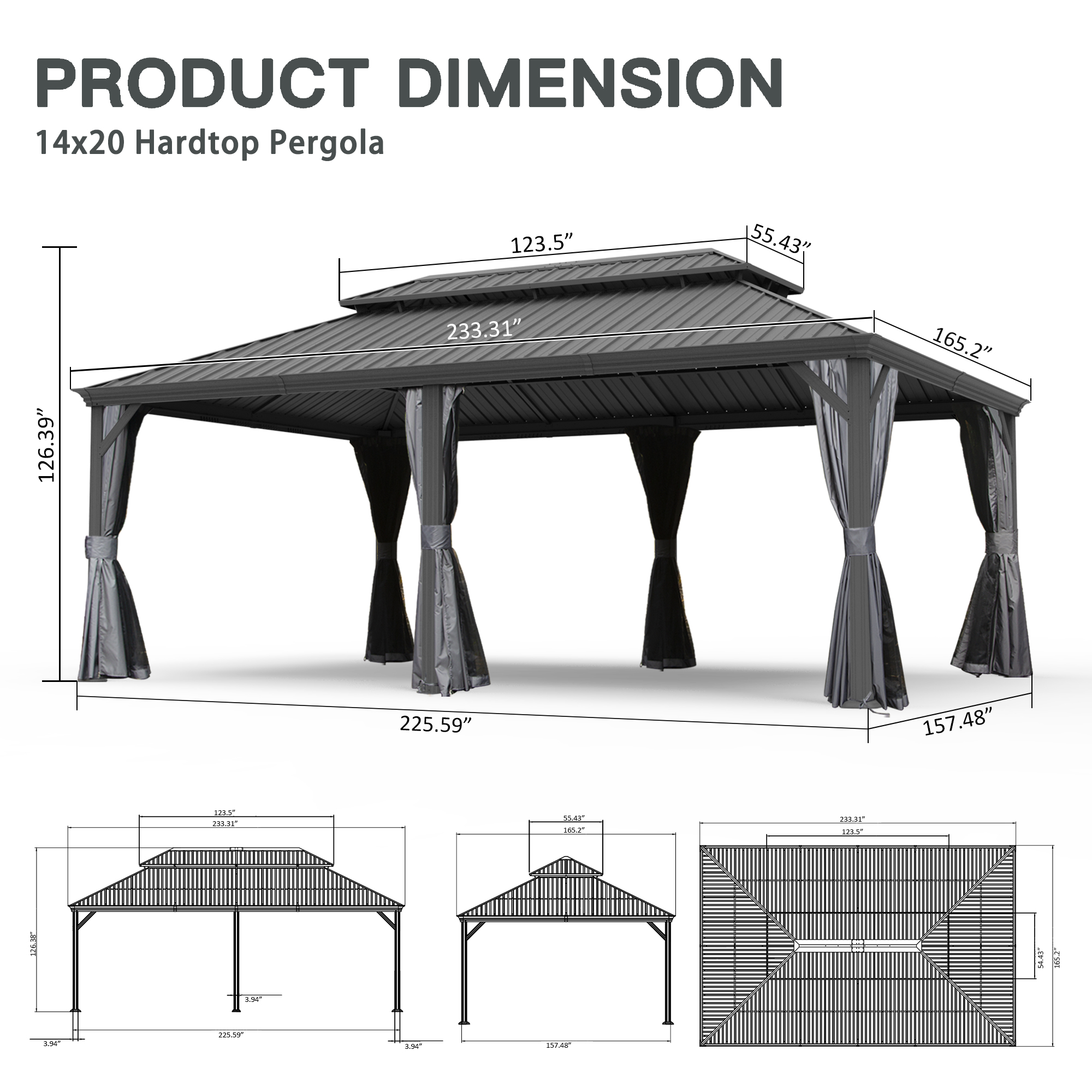 14  X 20  Hardtop Gazebo, Upgraded Metal Gazebo With Drainage System, Dual-Layer Galvanized Steel Roof, Curtain And Netting, Outdoor Shelter Canopy For Patio, Garden, And Backyard, Grey