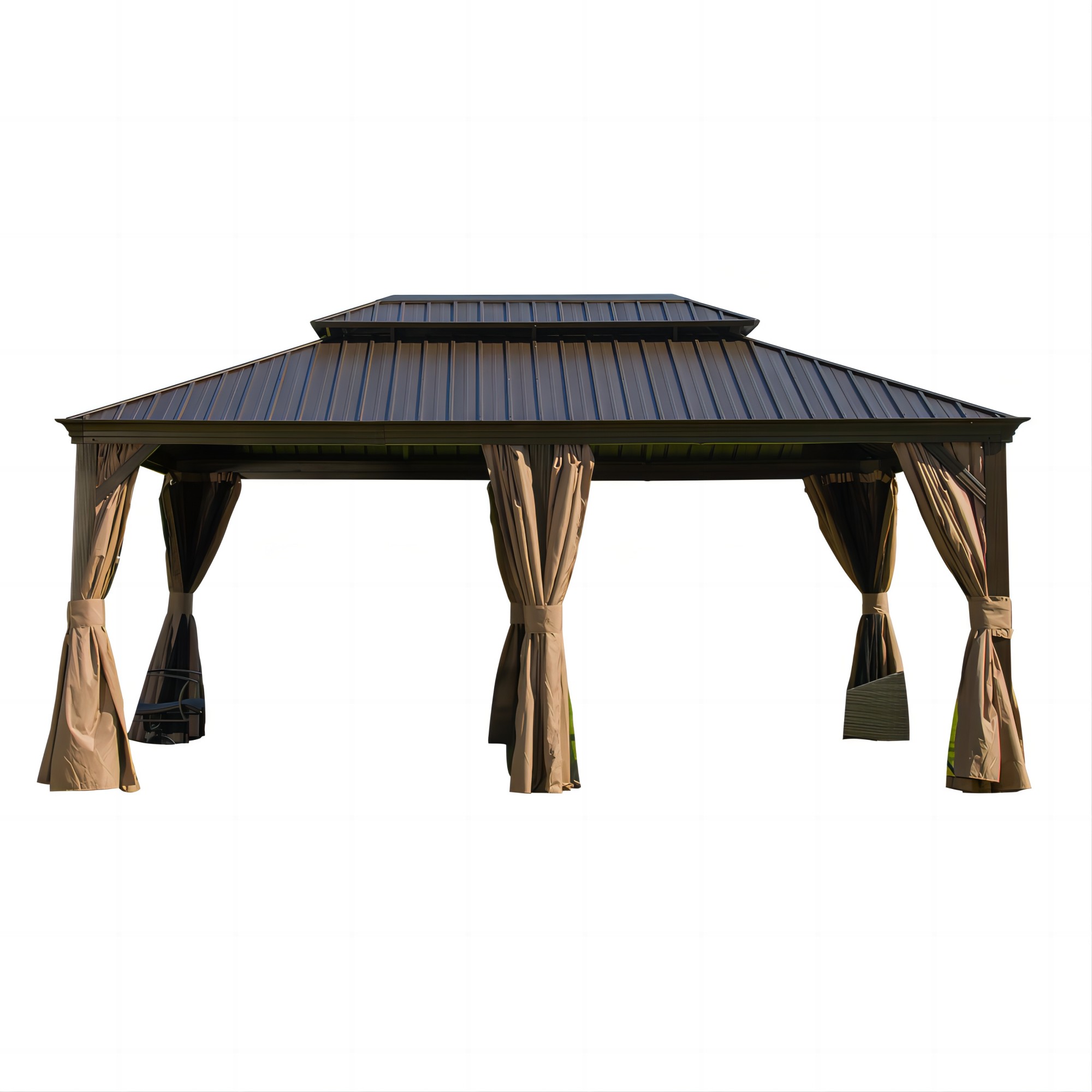 12 X18  Hardtop Gazebo, Outdoor Aluminum Frame Canopy With Galvanized Steel Double Roof, Outdoor Permanent Metal Pavilion With Curtains And Netting For Patio, Backyard And Lawn Brown