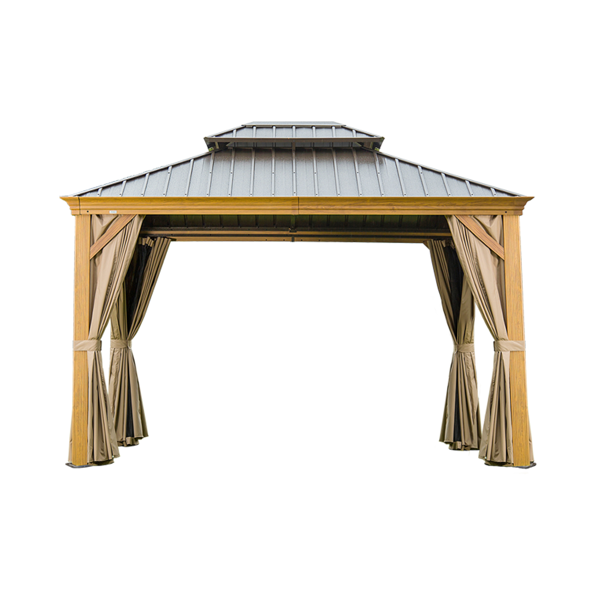 10  X 14  Hardtop Gazebo Outdoor Metal Gazebo Canopy With Galvanized Steel Double Roof, Wood Grain Aluminum Frame, Curtains And Netting For Patio, Deck, Garden - Image 1