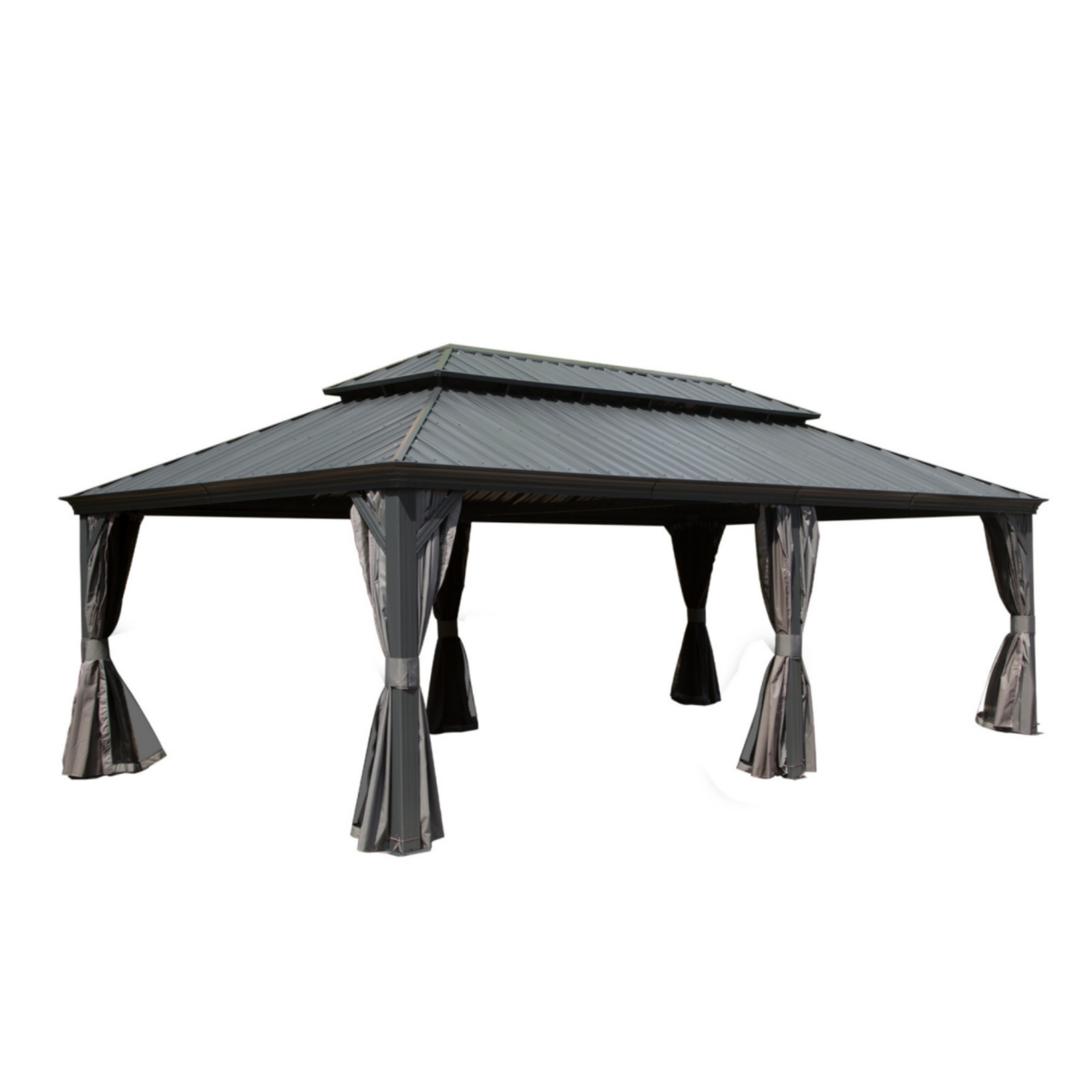 14x24FT Hardtop Gazebo, Outdoor Gazebo With Galvanized Steel Double Roof, Aluminum Frame, Built-in Gutter System, Curtain And Netting, Metal Gazebo Pavilion For Patio Deck Garden, Grey