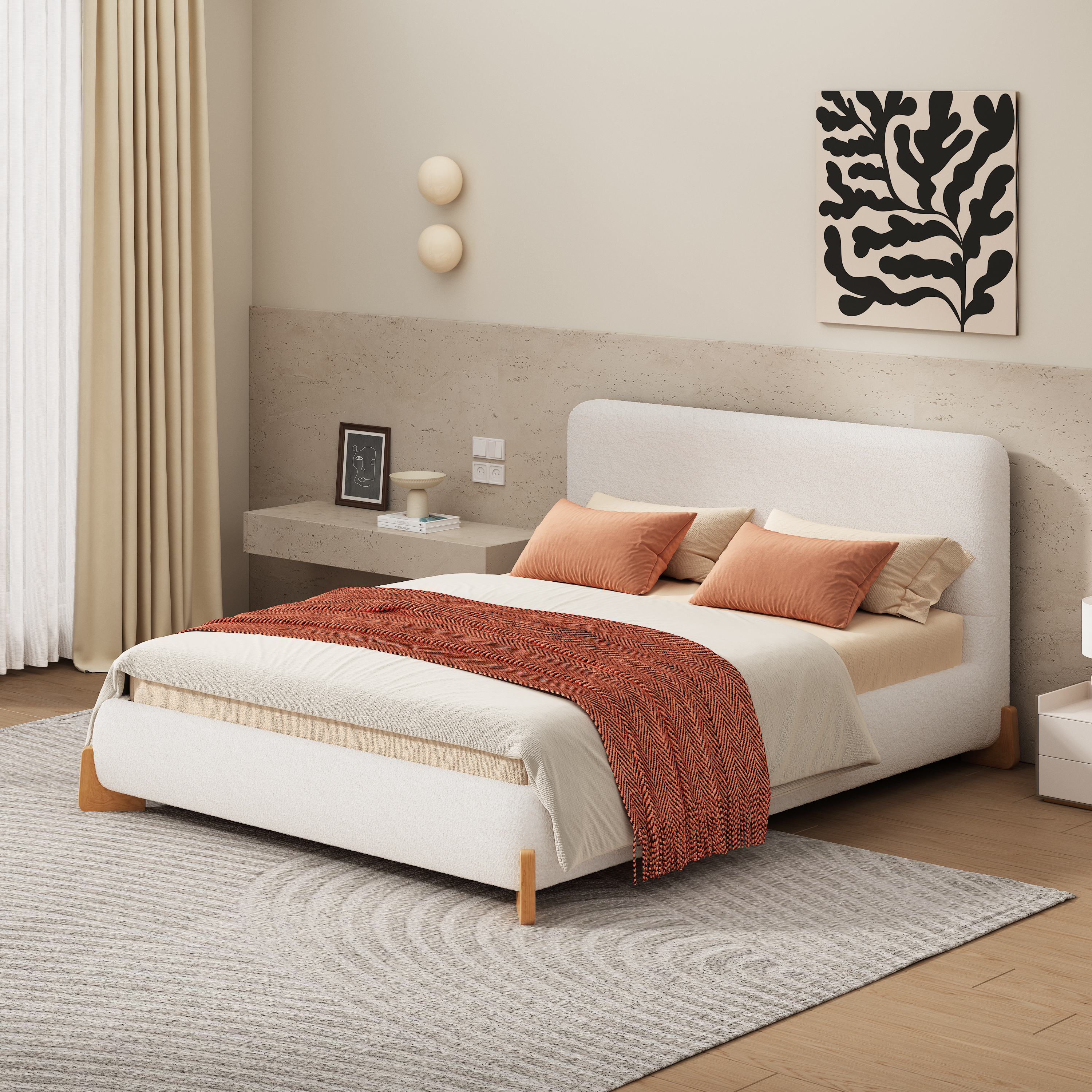 Elegant Boucle Upholstered Bed, A Luxurious And Comfortable Bedroom Centerpiece, Full Size, White - Image 1