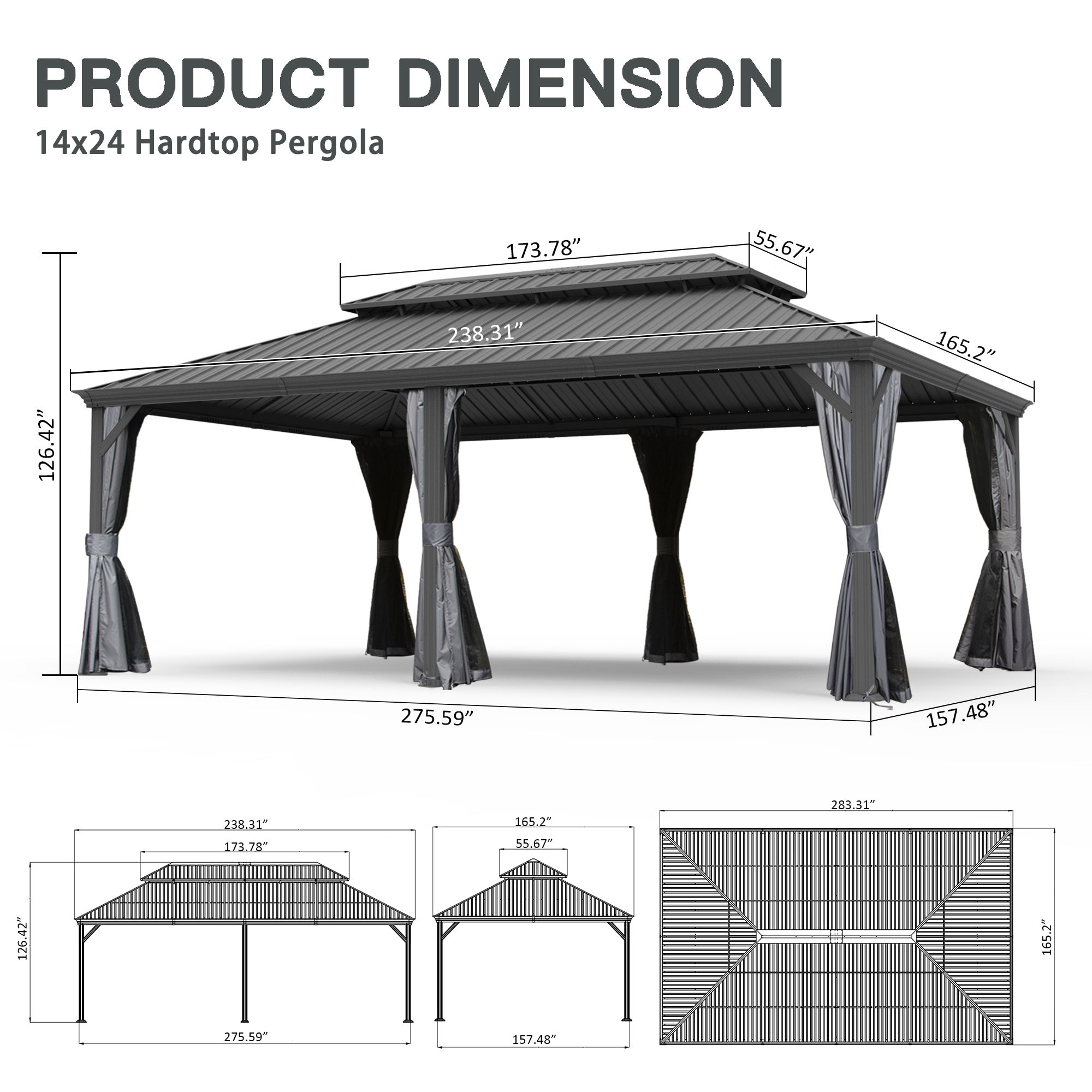 14  X 24  Hardtop Gazebo, Upgraded Metal Gazebo With Drainage System, Dual-Layer Galvanized Steel Roof, Curtain And Netting, Outdoor Shelter Canopy For Patio, Garden, And Backyard, Grey