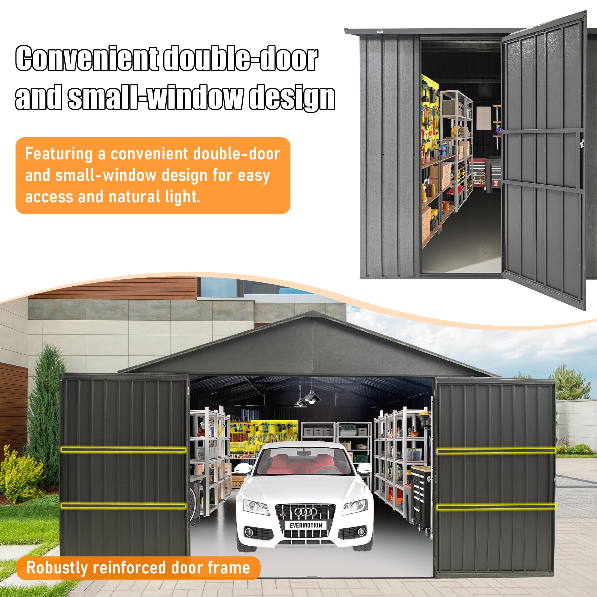 12x20FT Outdoor Metal Garage Shed, Extra Large Metal Carport With Lockable Double Hinged Doors, Heavy Duty Car Shelter For Car, Truck, Motorcycle And Lawn Equipment, Dark Grey