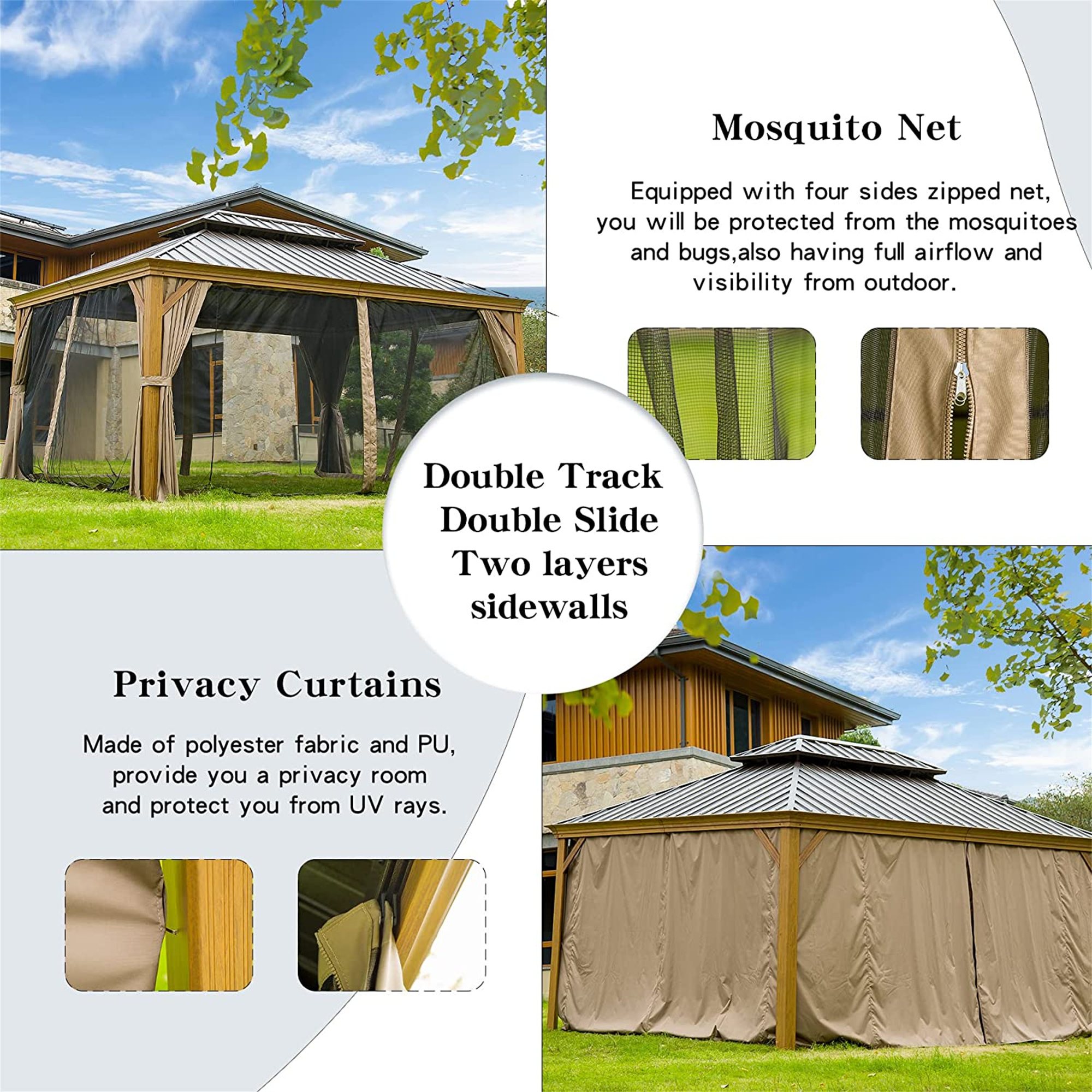 12 X14  Hardtop Gazebo, Wooden Coated Aluminum Frame Canopy With Galvanized Steel Double Roof, Outdoor Permanent Metal Pavilion With Curtains And Netting For Patio, Deck And Lawn Wood-Looking