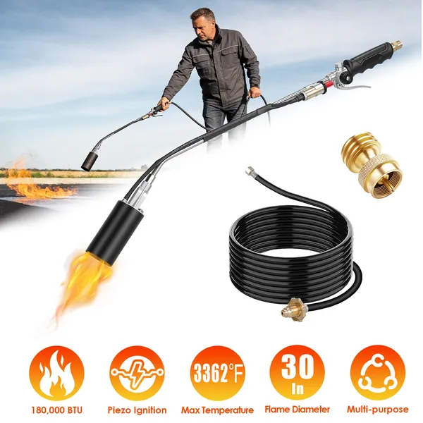 180,000 BTU Propane Weed Torch Heavy Duty Weed Burner Flame Weeder With 10FT Hose Piezo Ignition Adjustable Flame Control For Weeds Ice Snow Asphalt Fire Starting Propane Tank Not Included — foto 3