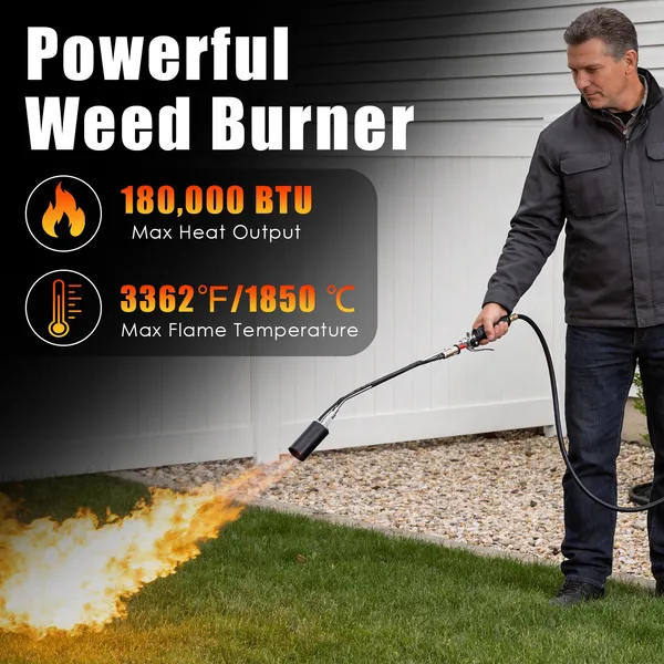 180,000 BTU Propane Weed Torch Heavy Duty Weed Burner Flame Weeder With 10FT Hose Piezo Ignition Adjustable Flame Control For Weeds Ice Snow Asphalt Fire Starting Propane Tank Not Included — foto 4
