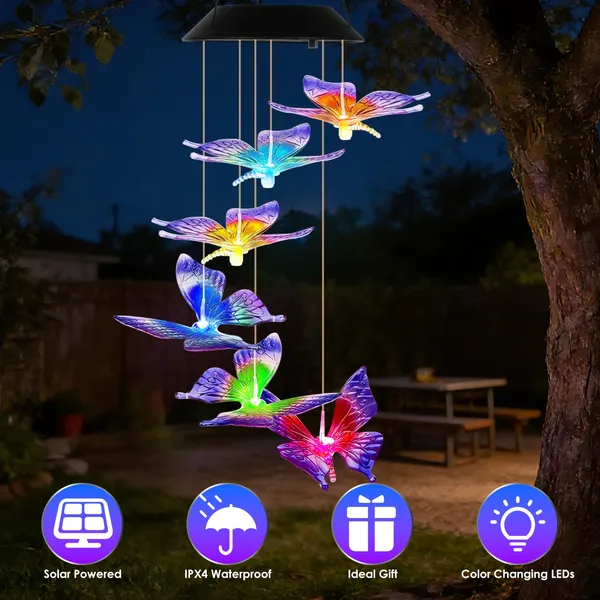 Solar Butterfly Wind Chime 7 Color Changing Wind Chime For Outside IPX4 Waterproof Outdoor Garden Yard Decor — foto 2