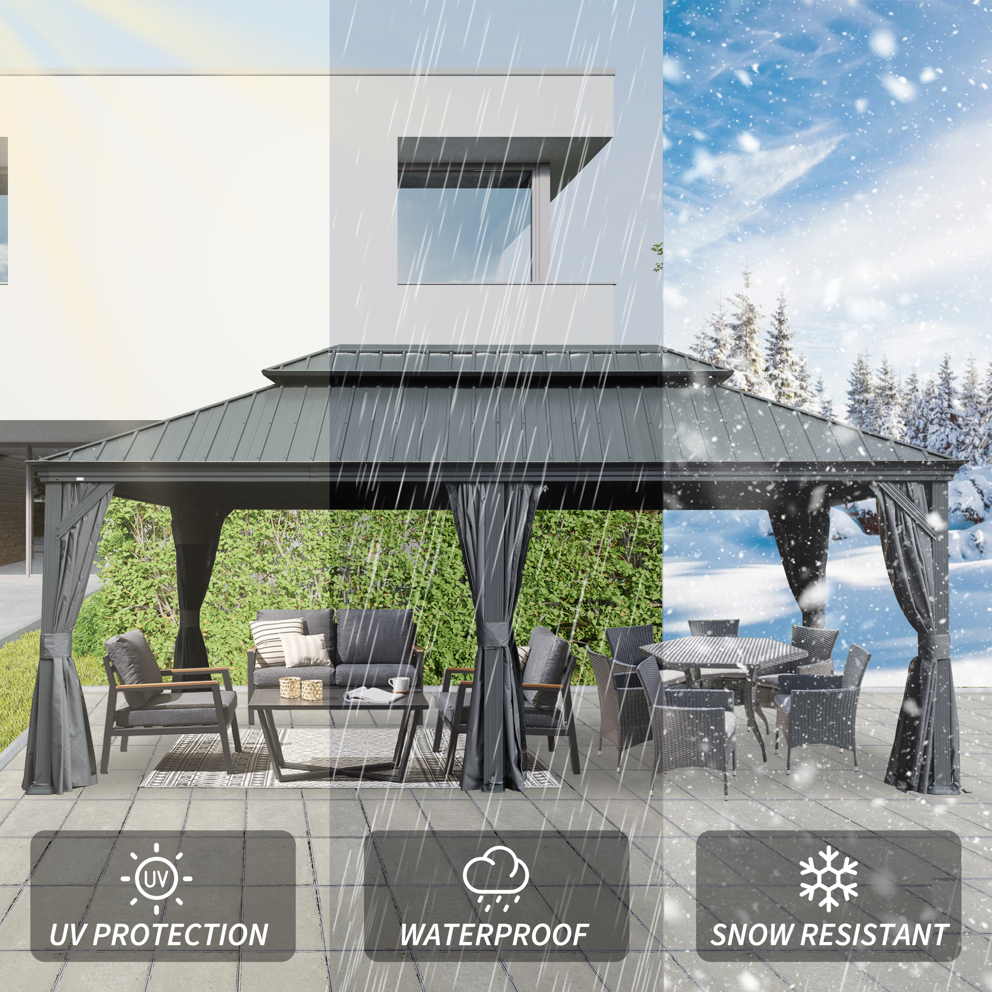 12 X 20 Hardtop Gazebo, Upgraded Metal Gazebo With Drainage System, Dual-Layer Galvanized Steel Roof, Curtain And Netting, Outdoor Shelter Canopy For Patio, Garden, And Backyard, Grey