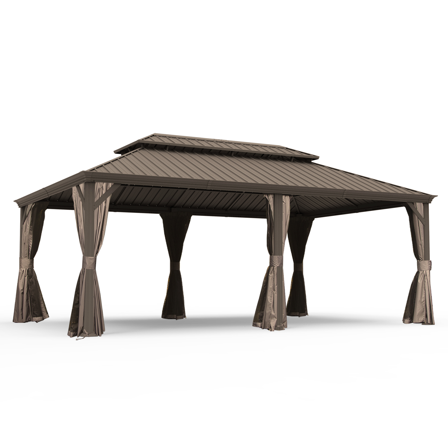 14  X 20  Hardtop Gazebo, Upgraded Metal Gazebo With Drainage System, Dual-Layer Galvanized Steel Roof, Curtain And Netting, Outdoor Shelter Canopy For Patio, Garden, And Backyard, Brown