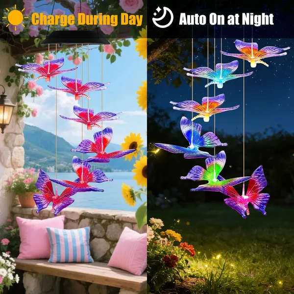 Solar Butterfly Wind Chime 7 Color Changing Wind Chime For Outside IPX4 Waterproof Outdoor Garden Yard Decor