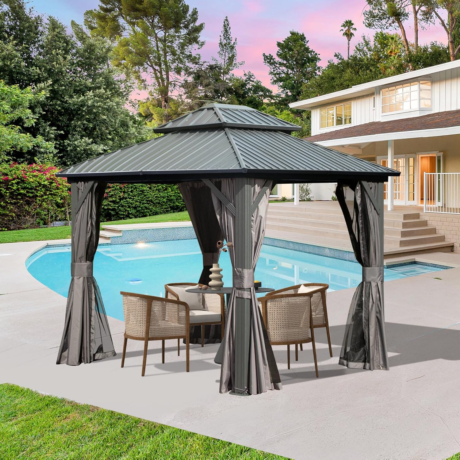 8  X 10  Hardtop Gazebo Permanent Metal Gazebo With Galvanized Steel Double Roof, Curtains And Netting For Party, Wedding, Outdoor Dining, Patio, Backyard, Grey