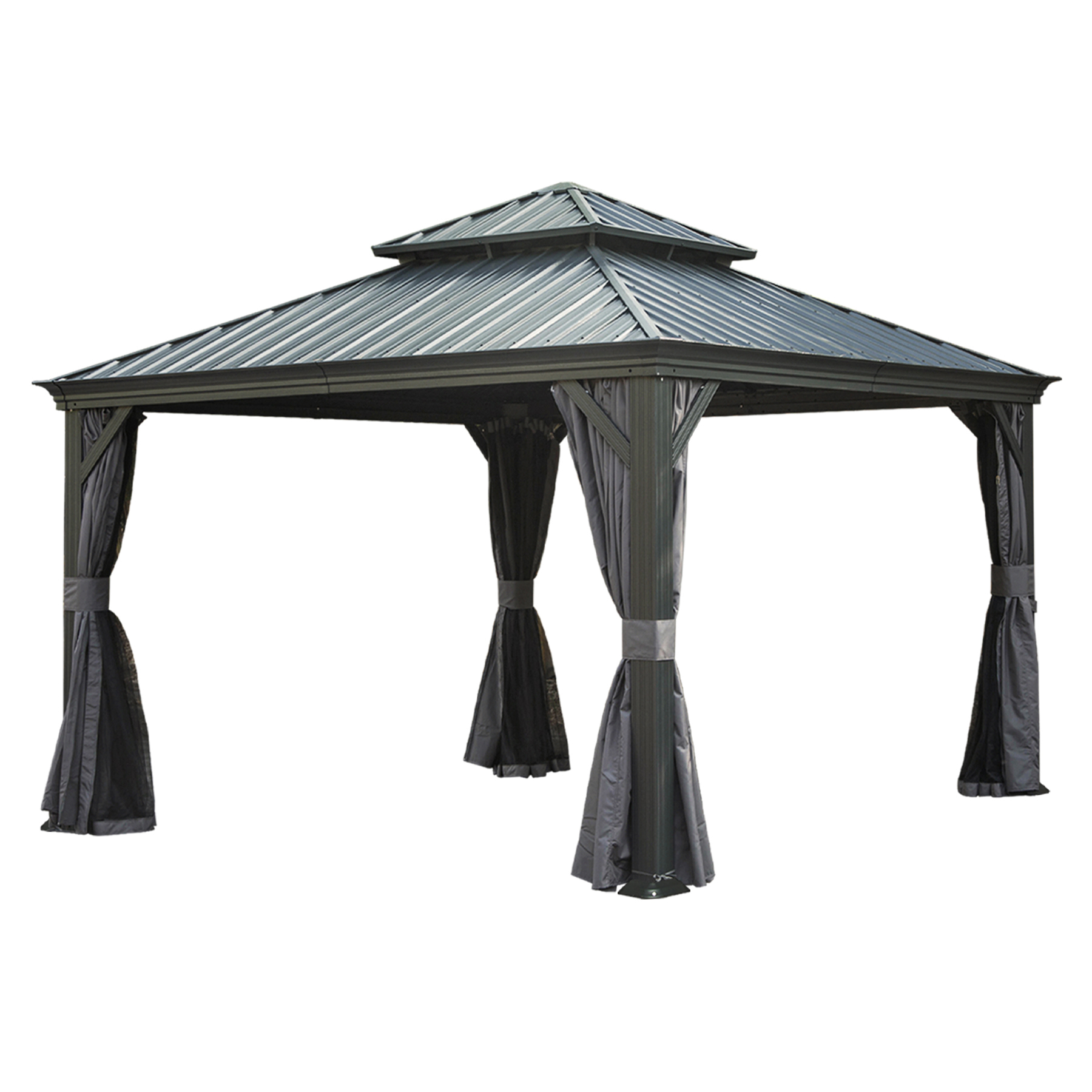 12 X12 Hardtop Gazebo Canopy,Outdoor Aluminum Gazebo With Galvanized Steel Double Roof,Permanent Gazebos With Drainage System,Curtain And Netting Included,Grey