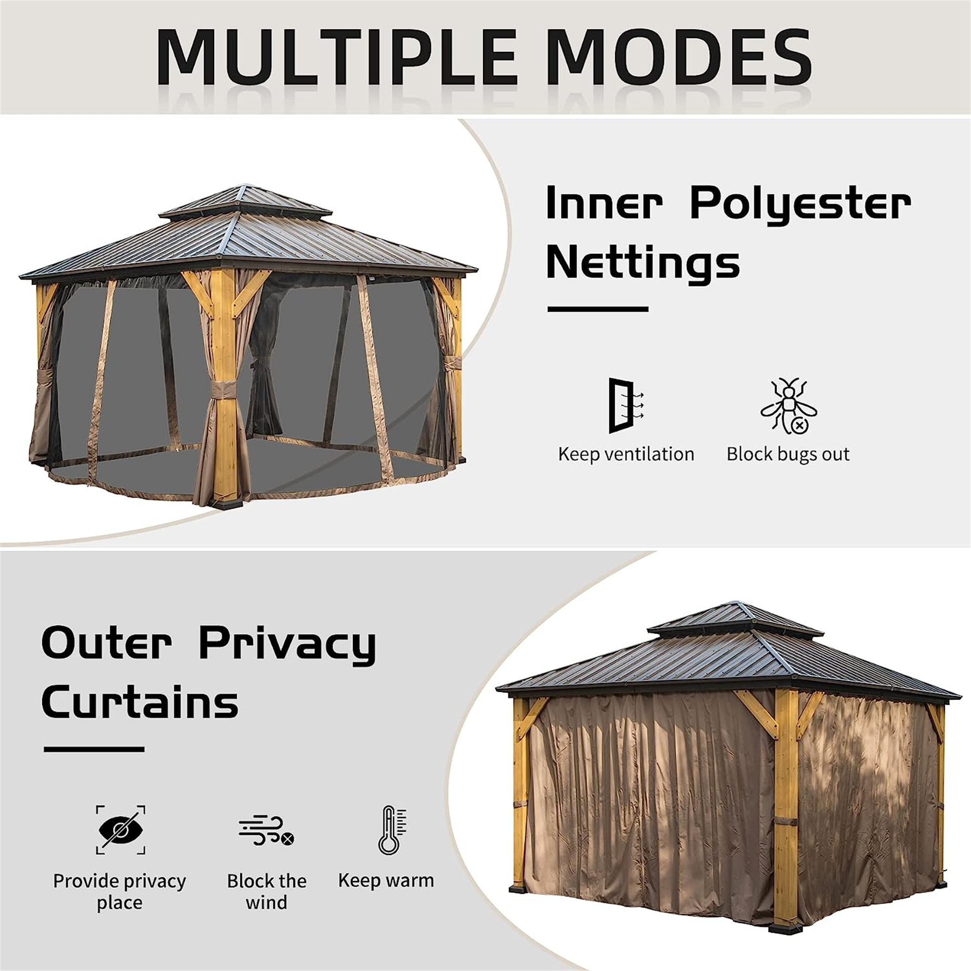 12 X12  Hardtop Gazebo, Outdoor Cedar Wood Frame Canopy With Galvanized Steel Double Roof, Outdoor Permanent Metal Pavilion With Curtains And Netting For Patio, Backyard And Lawn Brown