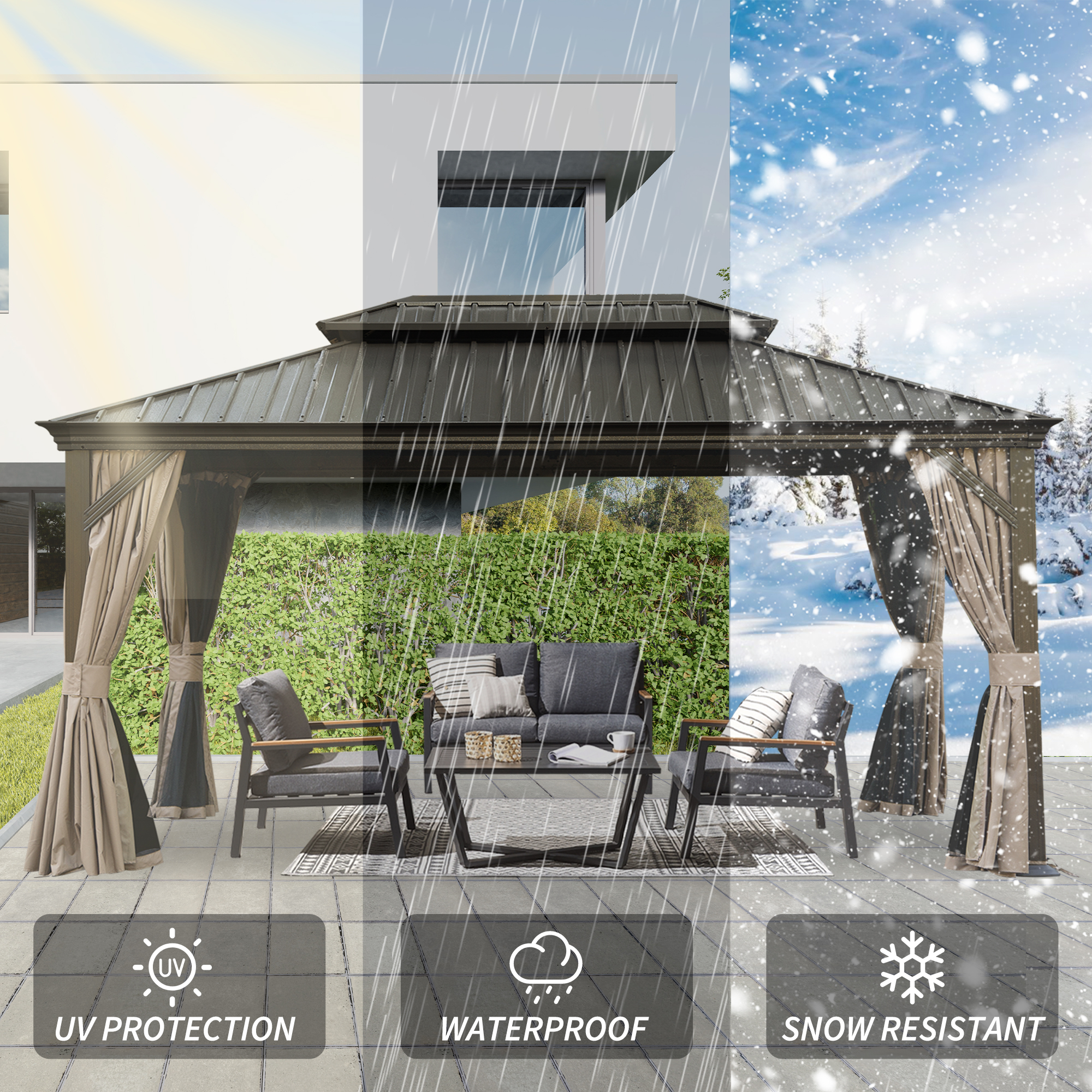 12  X 16  Hardtop Gazebo, Upgraded Metal Gazebo With Drainage System, Dual-Layer Galvanized Steel Roof, Curtain And Netting, Outdoor Shelter Canopy For Patio, Garden, And Backyard, Brown