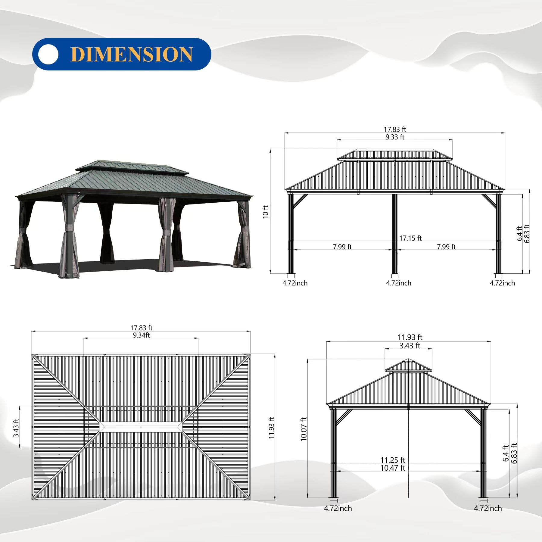 12  X 18  Hardtop Gazebo Outdoor Metal Gazebo With Galvanized Steel Double Roof Canopy, Aluminum Frame, Curtains And Netting For Patio, Deck, Garden, Grey