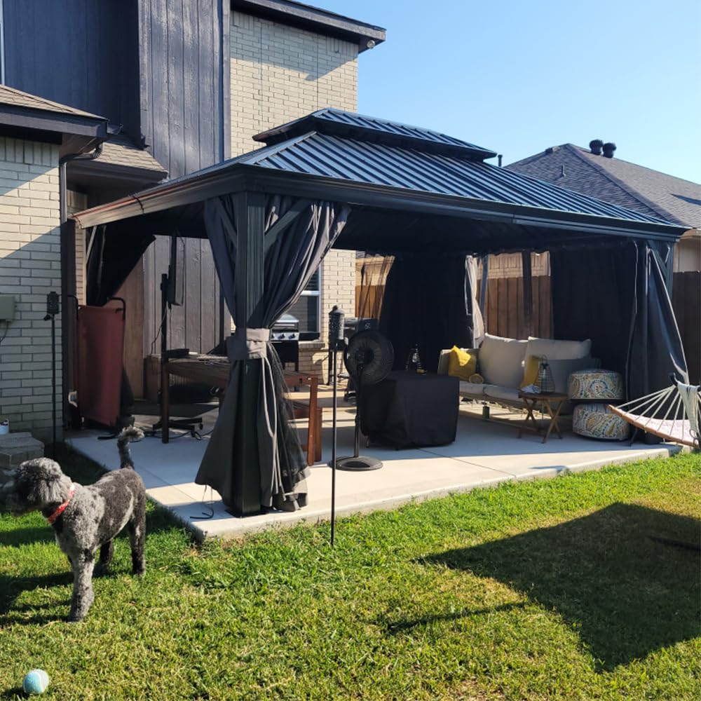 12  X 16  Hardtop Gazebo Outdoor Metal Gazebo With Galvanized Steel Double Roof Canopy, Aluminum Frame, Curtains And Netting For Patio, Deck, Garden, Grey - Image 1