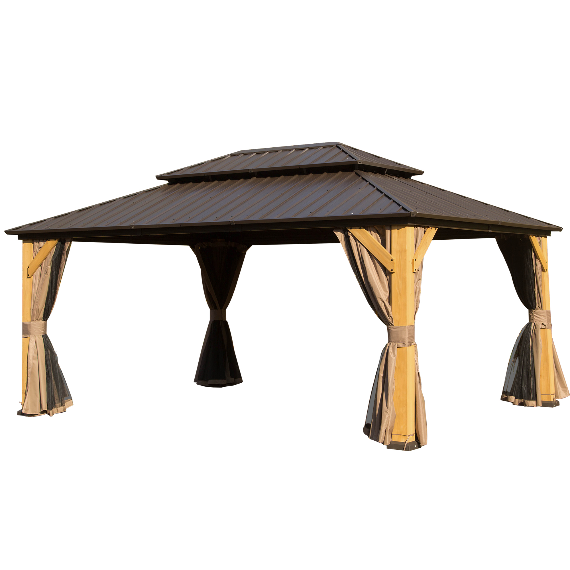 12x16FT Cedar Wood Gazebo, Solid Wood Hardtop Gazebo With Galvanized Steel Double Roof, Netting & Curtains, Outdoor Gazebo For Patio, Backyard, Deck, Lawns