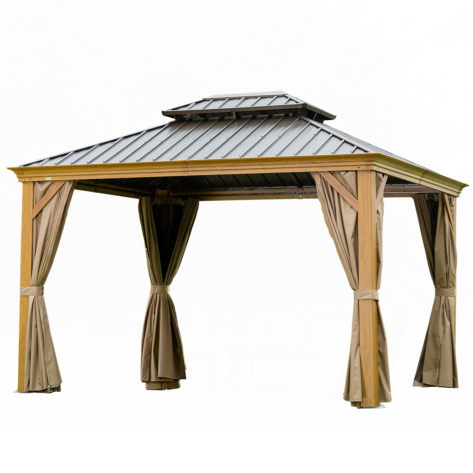 12 X14  Hardtop Gazebo, Wooden Coated Aluminum Frame Canopy With Galvanized Steel Double Roof, Outdoor Permanent Metal Pavilion With Curtains And Netting For Patio, Deck And Lawn Wood-Looking