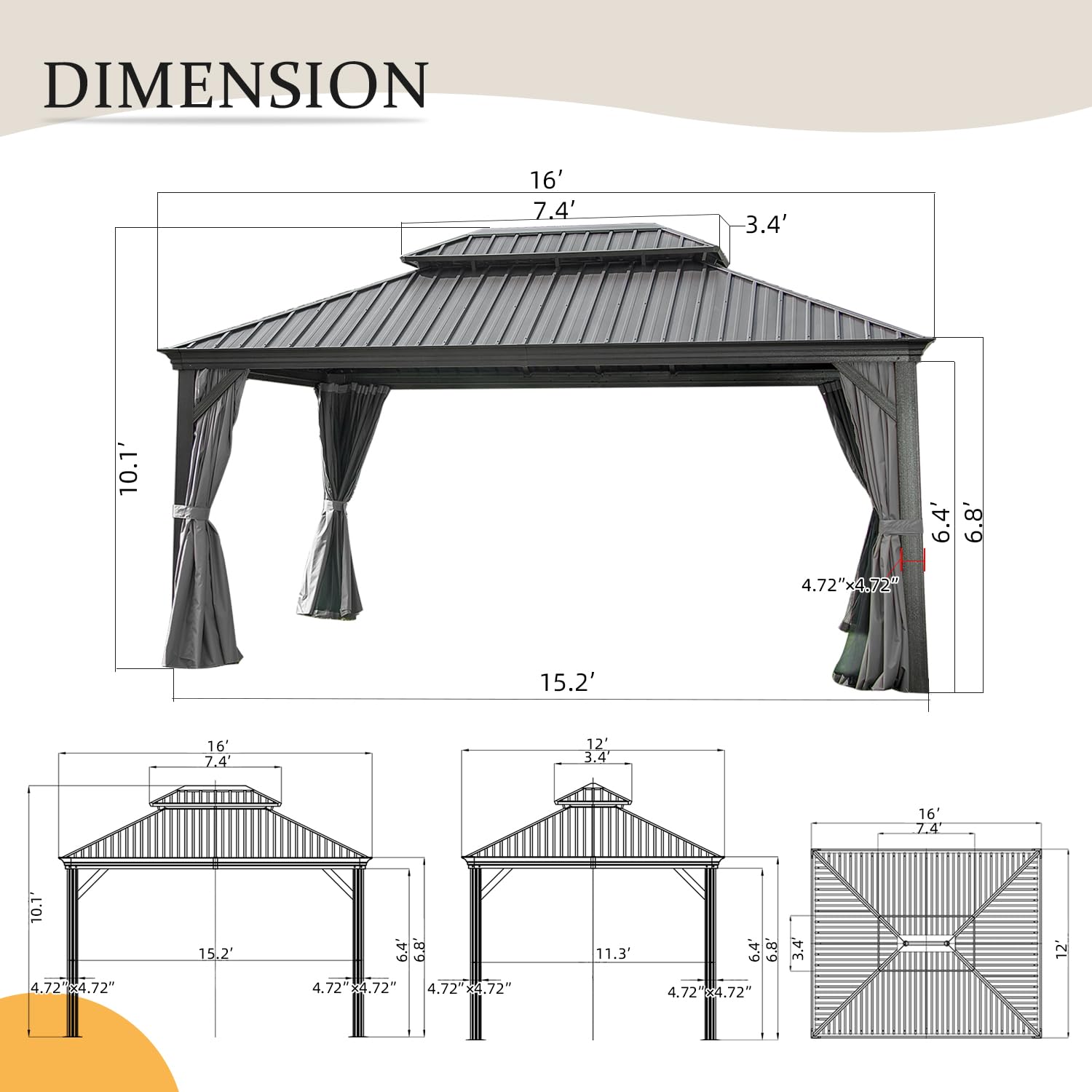12  X 16  Hardtop Gazebo Outdoor Metal Gazebo With Galvanized Steel Double Roof Canopy, Aluminum Frame, Curtains And Netting For Patio, Deck, Garden, Grey