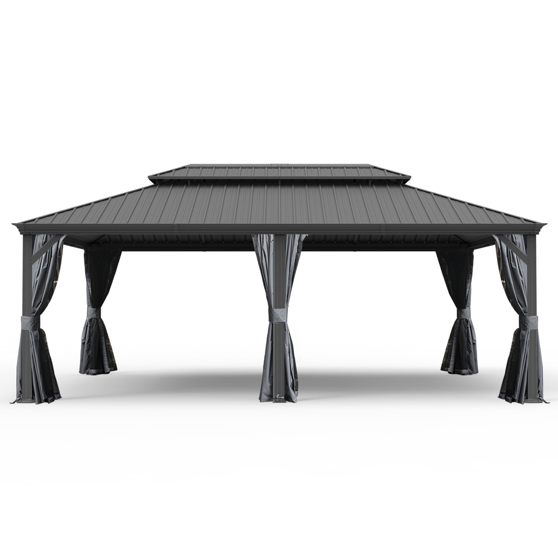 14 X 24 Hardtop Gazebo, Upgraded Metal Gazebo With Drainage System, Dual-Layer Galvanized Steel Roof, Curtain And Netting, Outdoor Shelter Canopy For Patio, Garden, And Backyard, Grey