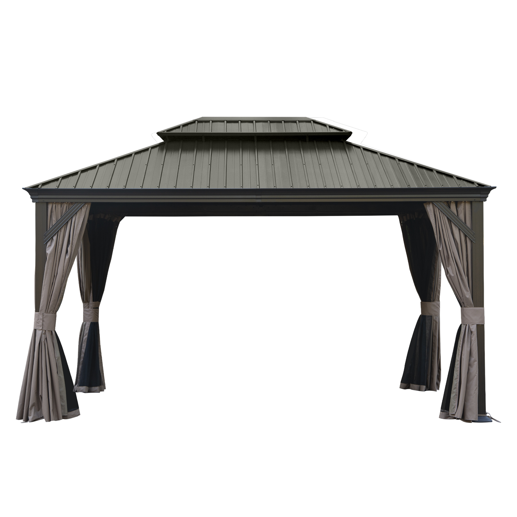 10  X 14  Hardtop Gazebo, Upgraded Metal Gazebo With Drainage System, Dual-Layer Galvanized Steel Roof, Curtain And Netting, Outdoor Shelter Canopy For Patio, Garden, And Backyard, Brown