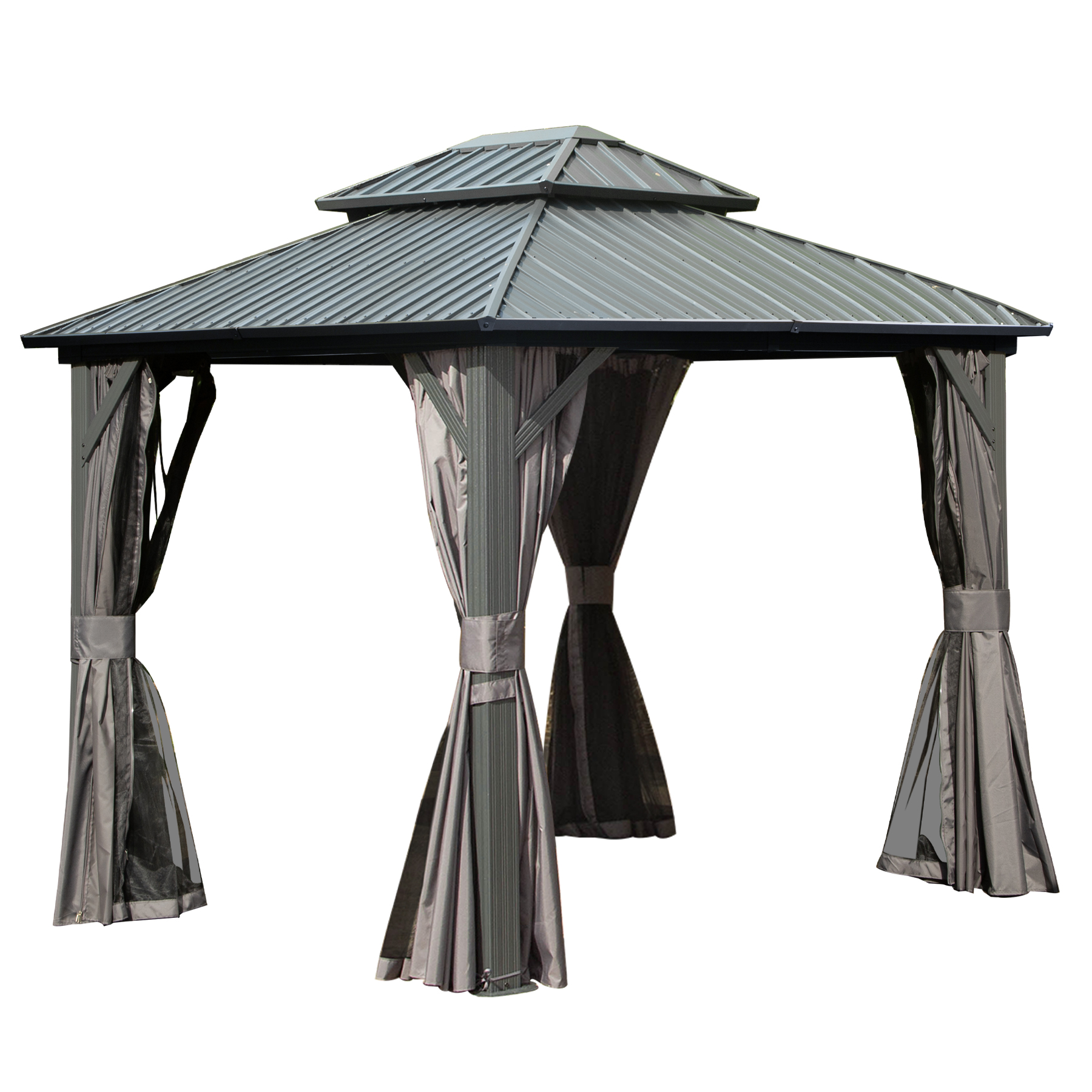8  X 10  Hardtop Gazebo Permanent Metal Gazebo With Galvanized Steel Double Roof, Curtains And Netting For Party, Wedding, Outdoor Dining, Patio, Backyard, Grey - Image 1