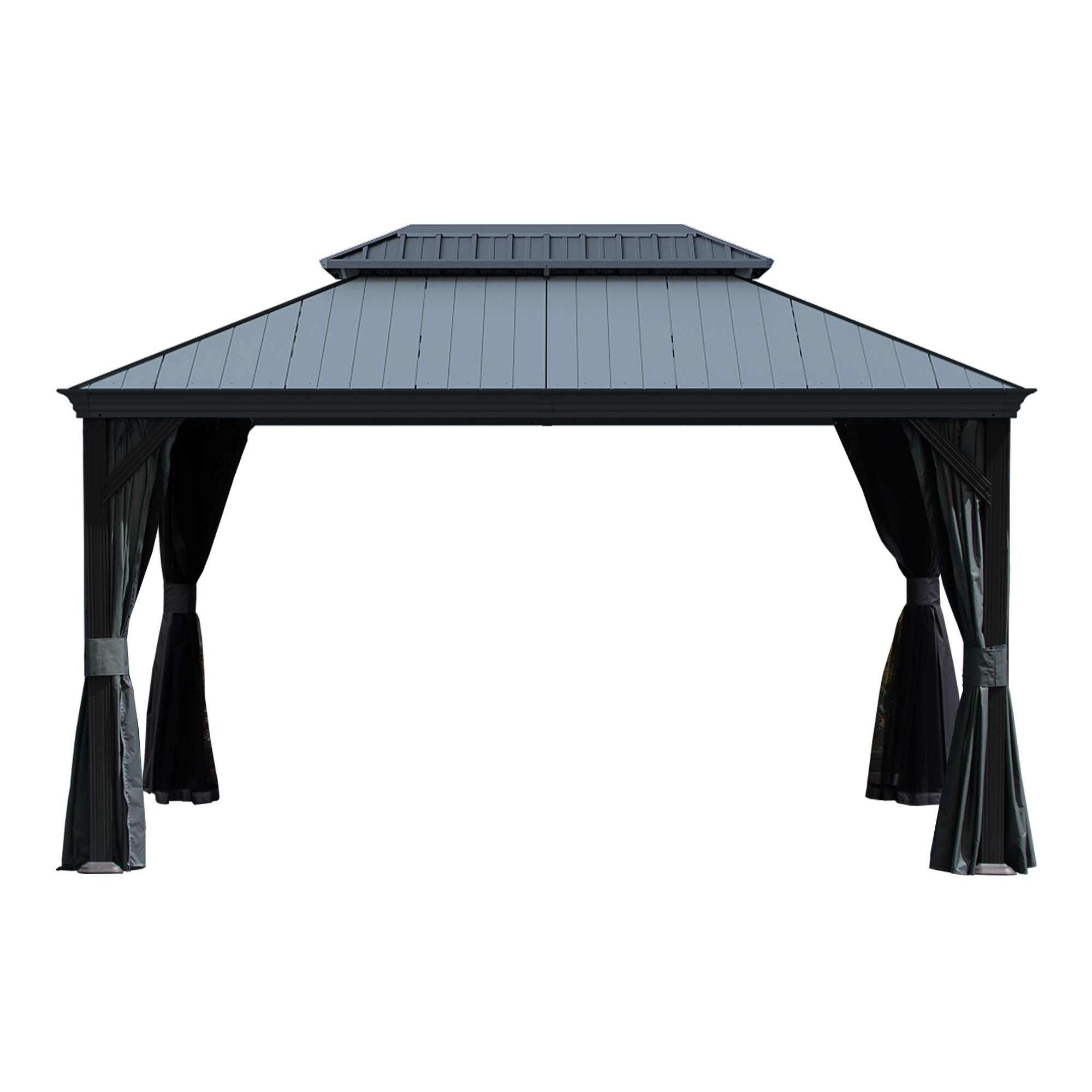 10 X14  Hardtop Gazebo With Resin Roof, Outdoor Metal Gazebo With Drainage Gutters, Permanent Heavy Duty Pavilion For Patio, Backyard And Deck, Curtains And Mosquito Netting Included